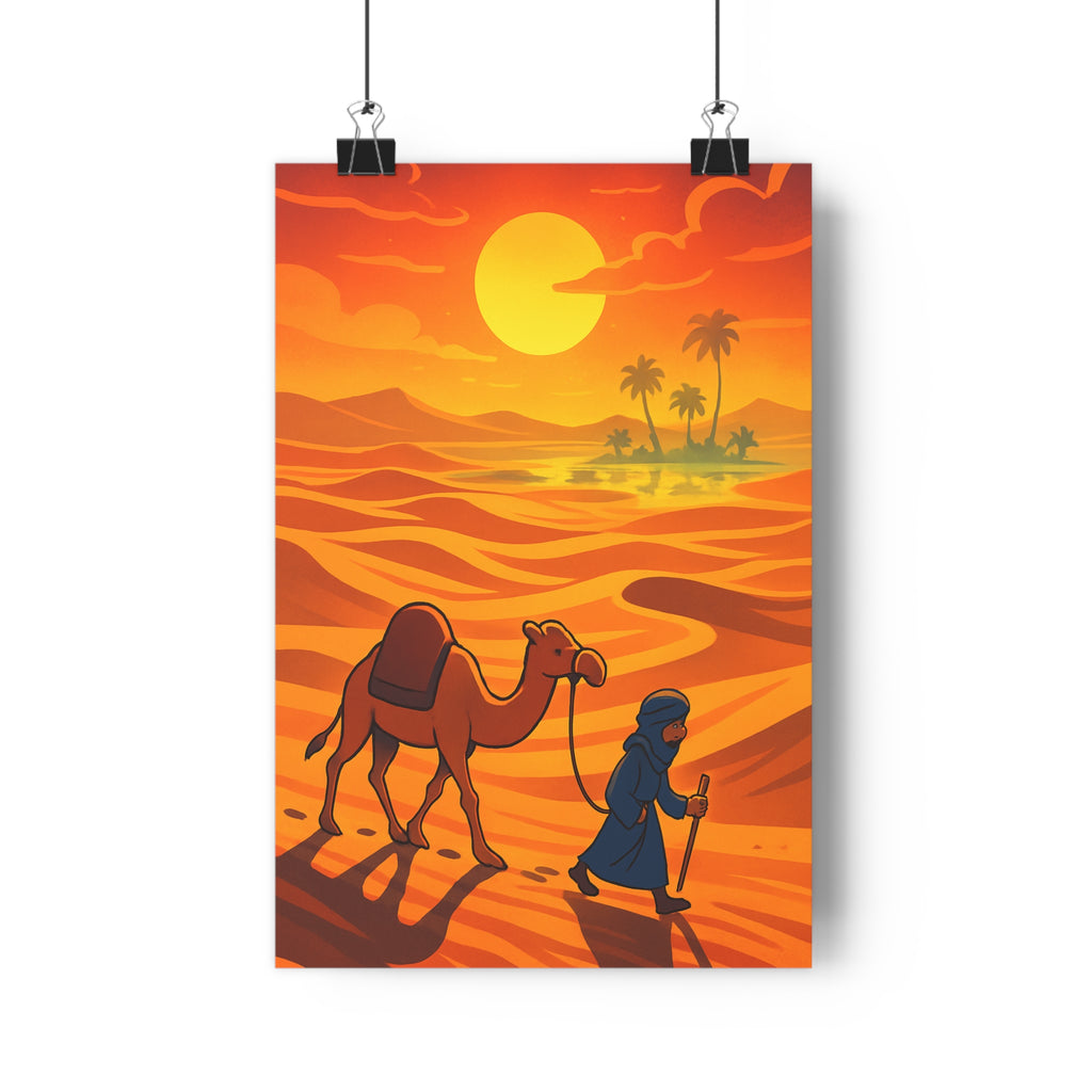 Poster décoratif cartoon désert dromadaire bleu orange coucher soleil exotique salon chambre design élégant