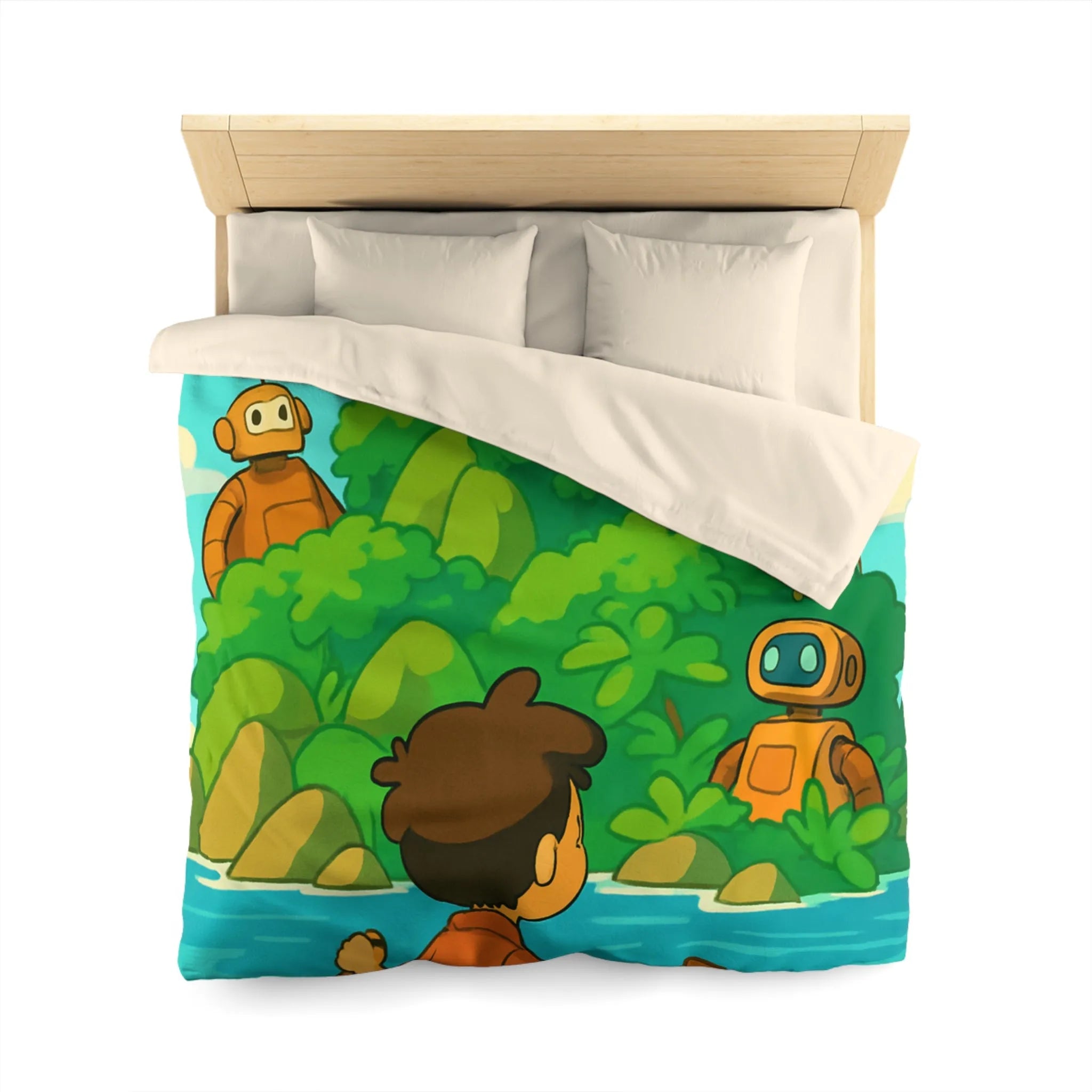Housse de couette avec robots ludiques et enfant en bateau sur lac serein