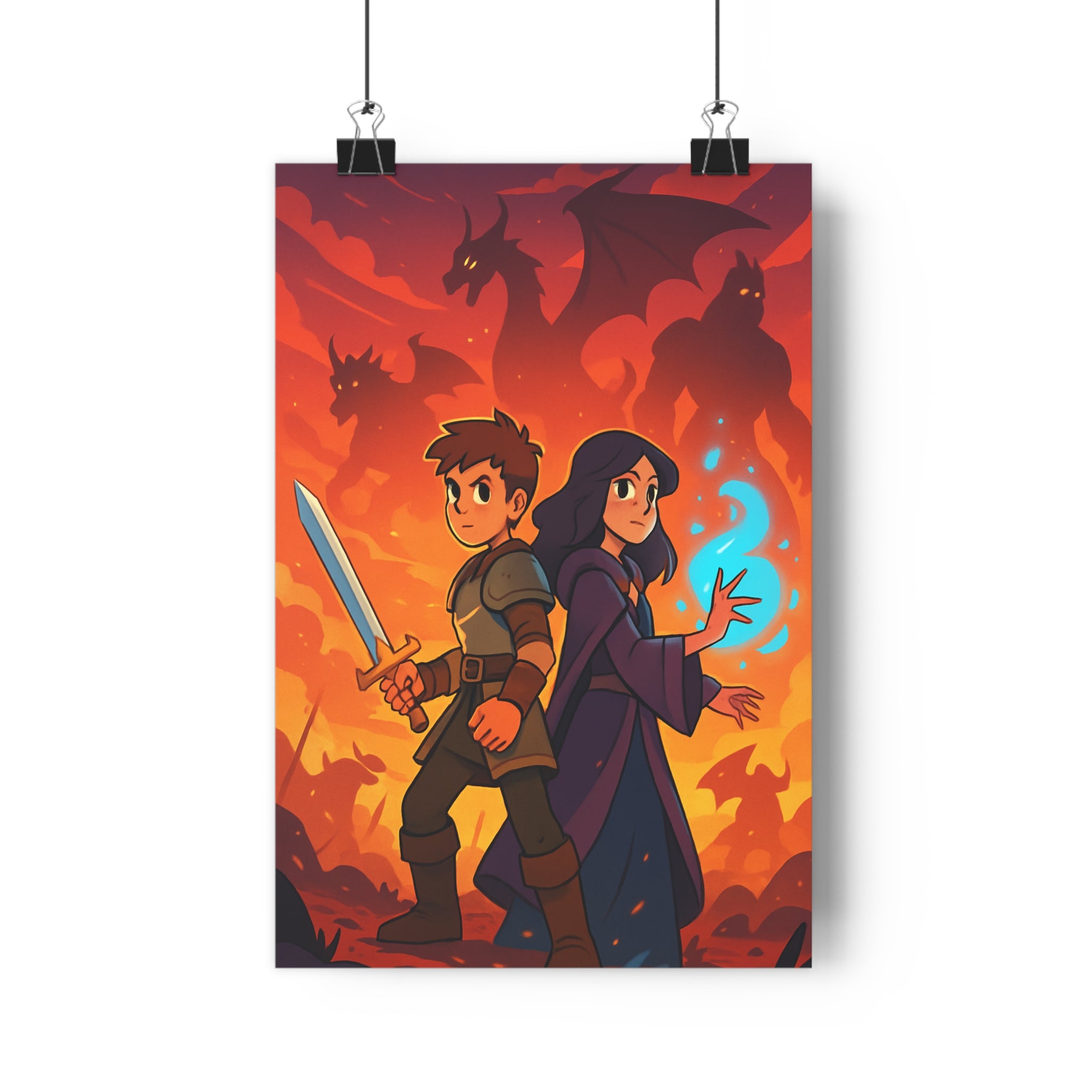 Poster décoratif fantasy épique coloré rouge orange salon chambre dragons magie épée aventure vibrant