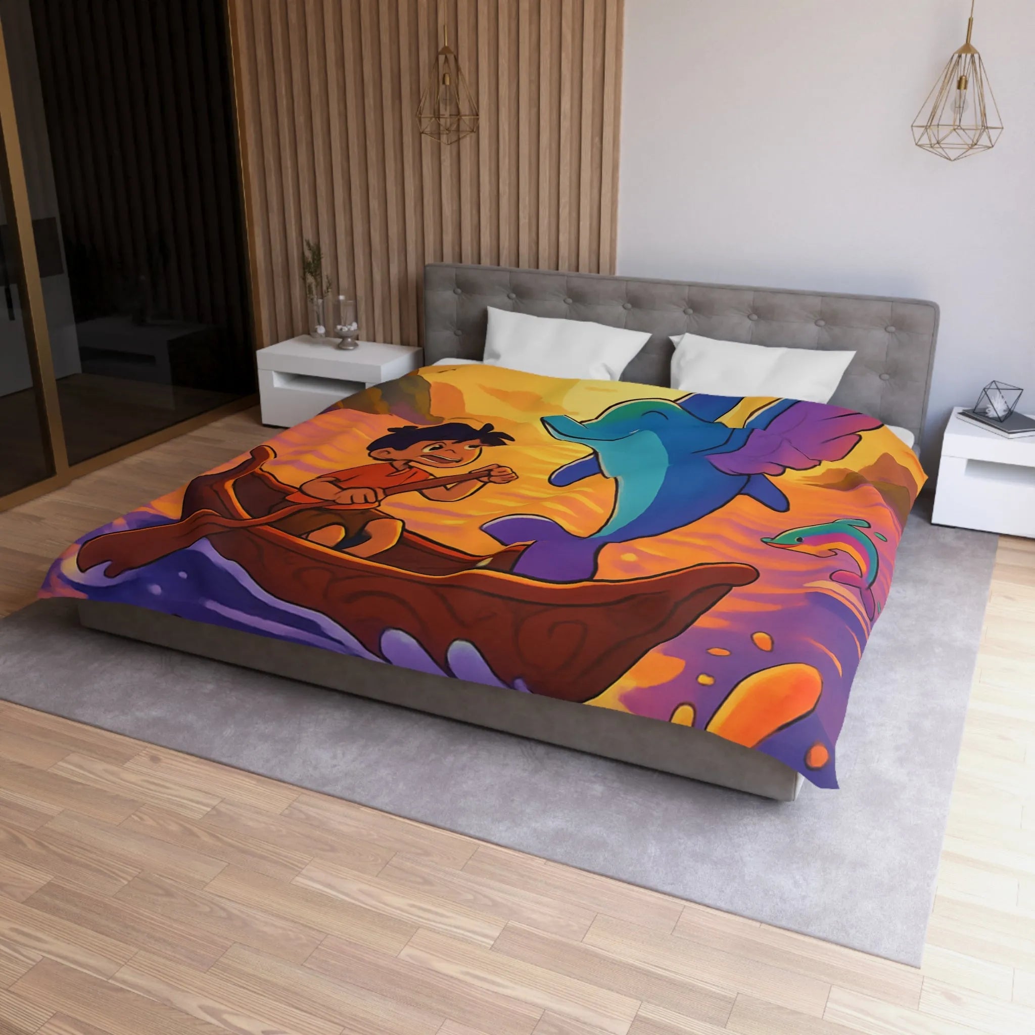 Housse de Couette Enfant : Dauphin Bleu, Aventure en Barque, Coucher de Soleil
