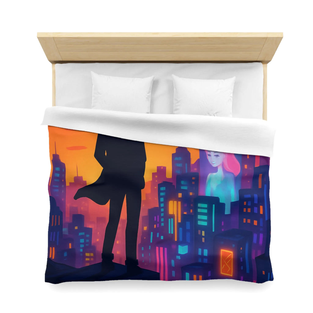 Housse de couette futuriste avec silhouette urbaine et couleurs vibrantes pour chambre moderne