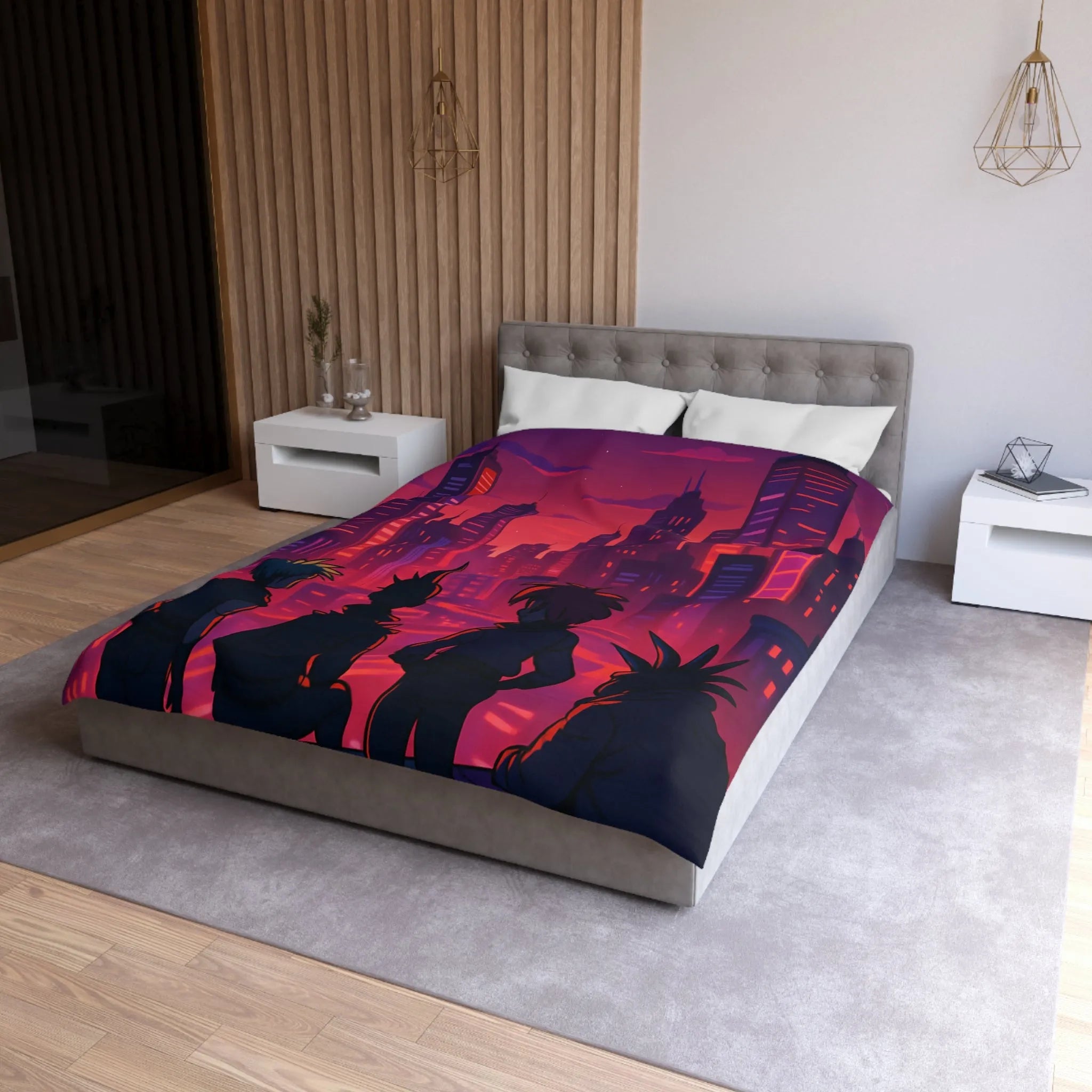 Housse de couette colorée urbaine style rétro avec personnages devant une ville cyberpunk