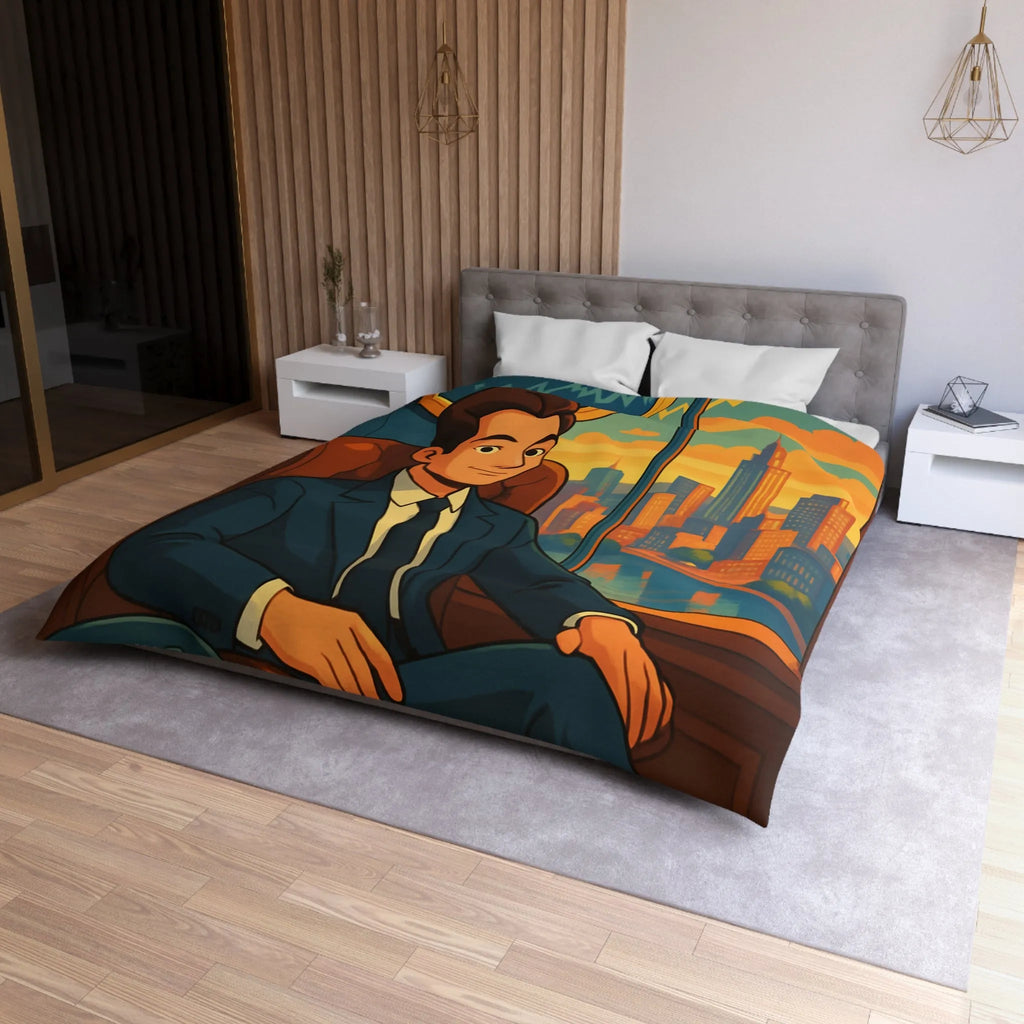 Élégante housse de couette avec homme d'affaires et horizon urbain stylisé en coucher de soleil