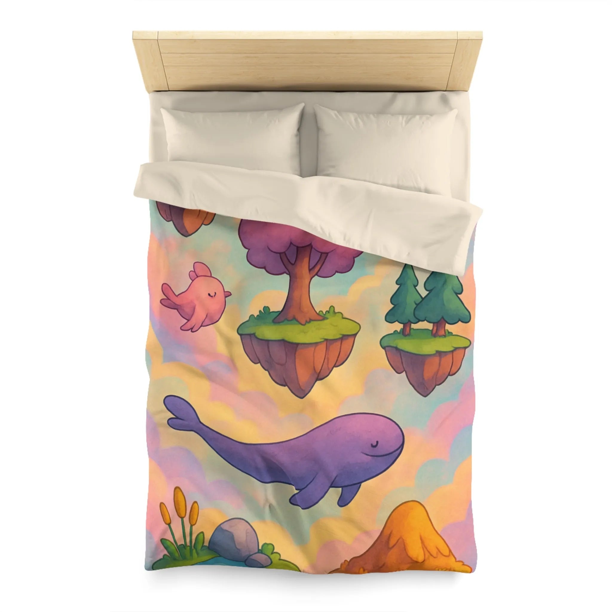 Housse de couette avec îles flottantes et créatures rêveuses dans un ciel magique