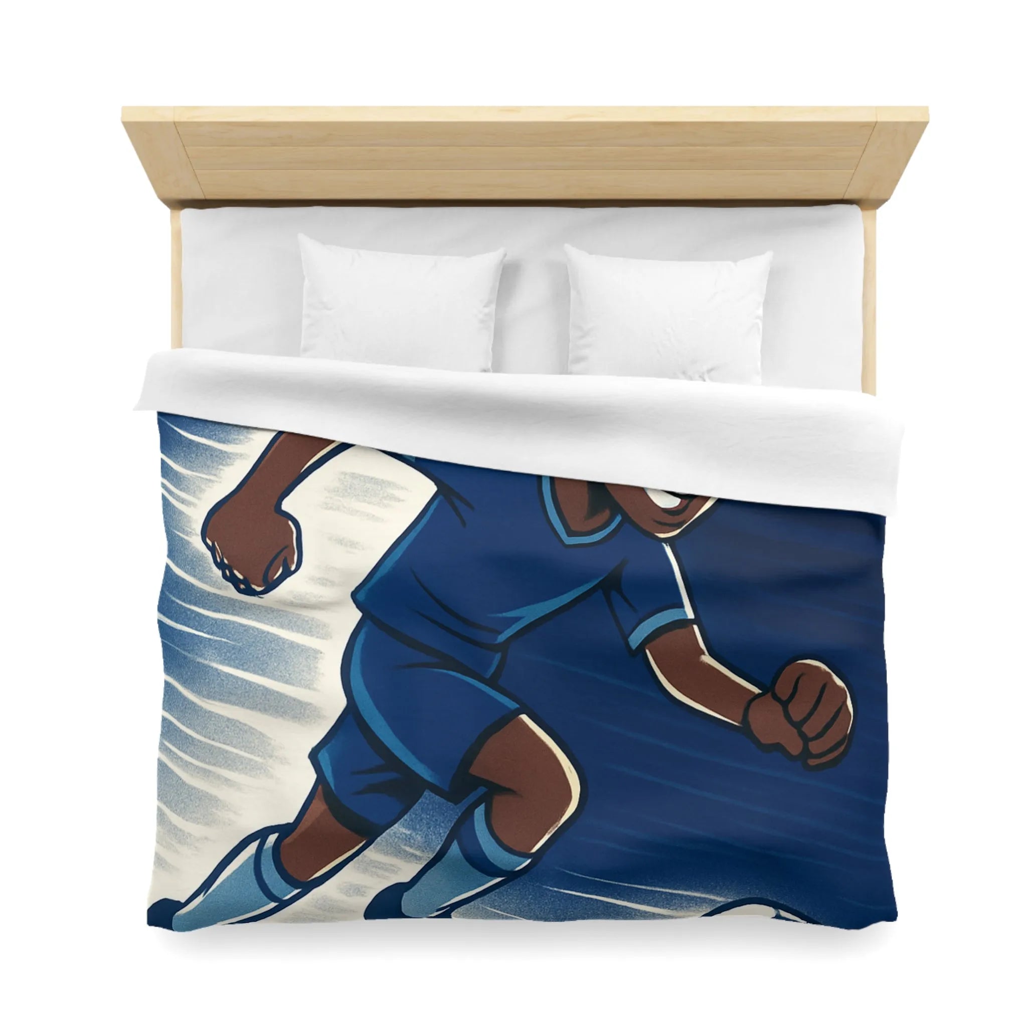 Housse de couette football dynamique garçon jouant au soccer style cartoon moderne bleu