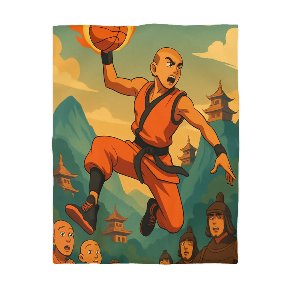 Housse de Couette Art Martial Moine avec Ballon de Basket en Feu Paysage Montagneux