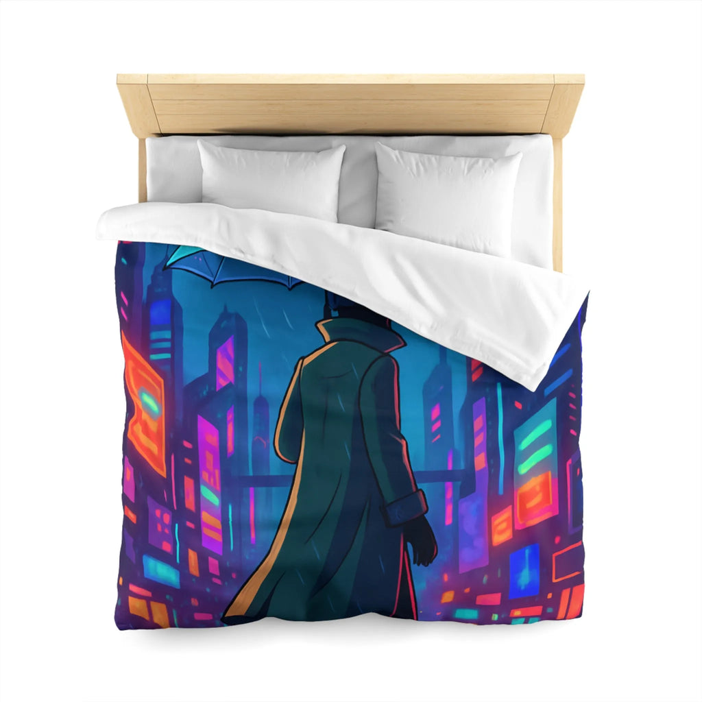 Housse de Couette Design Futuriste Ville Néon avec Parapluie et Pluie Nocturne