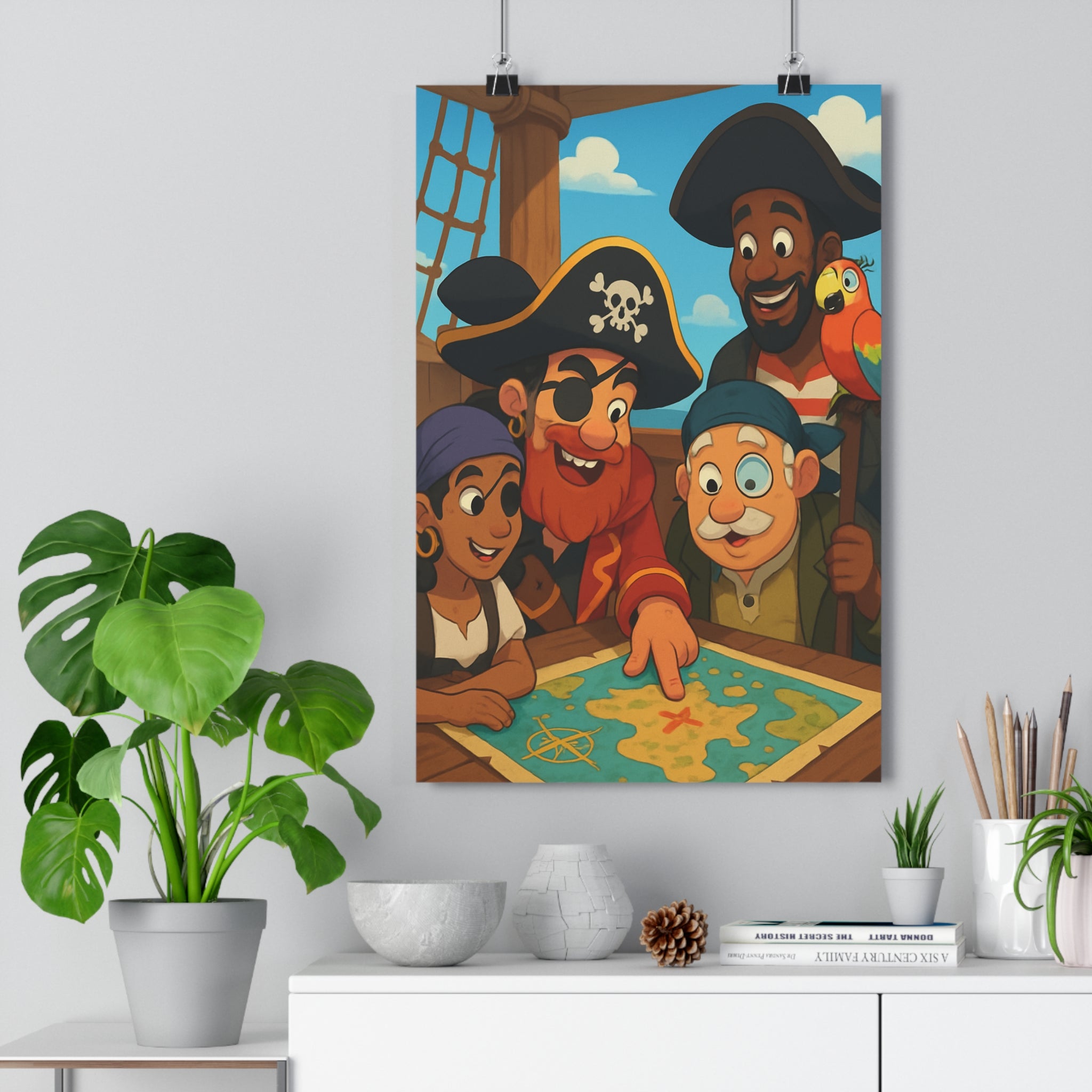 Poster décoratif pirate aventure cartoon bleu rouge vert chambre enfant joyeux créatif interactif unique