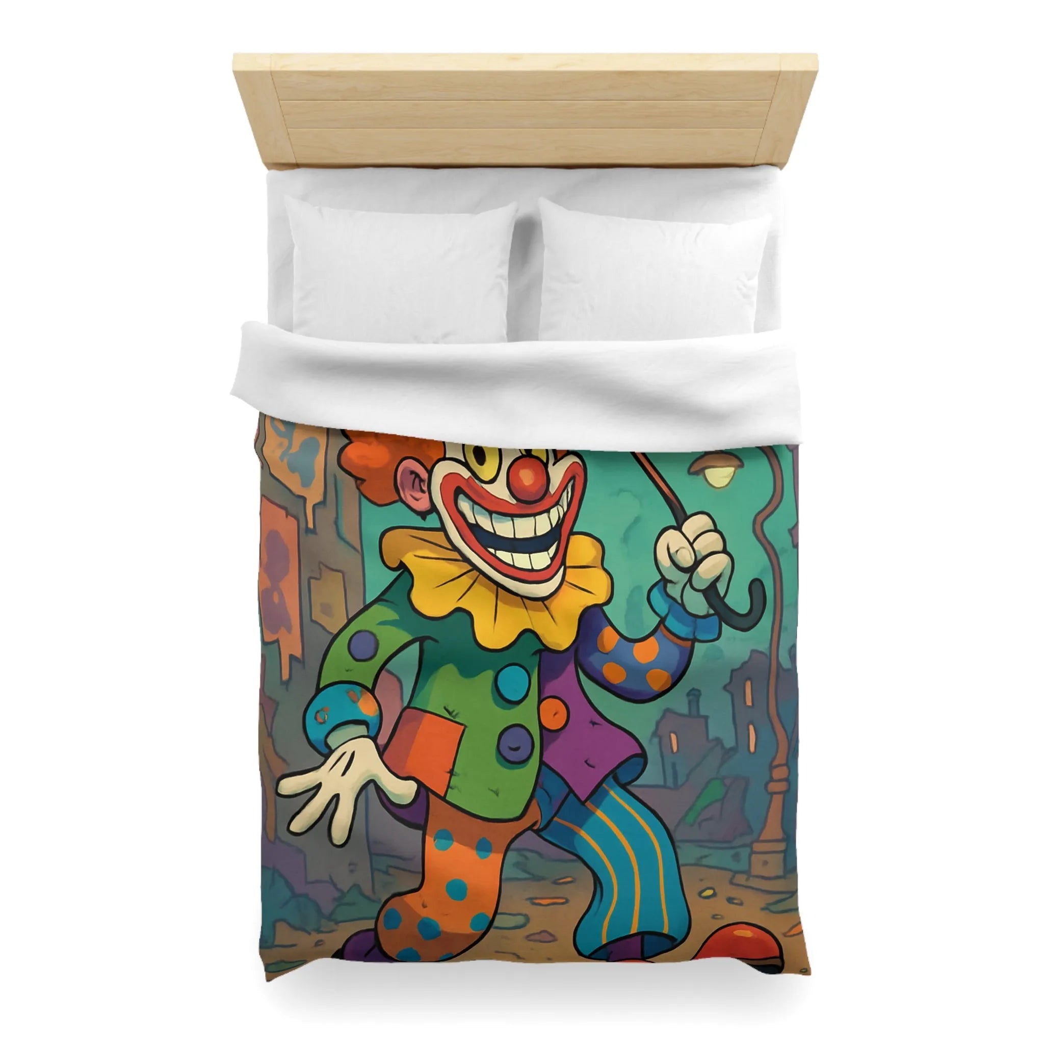 Housse de couette colorée avec clown joyeux et parapluie en pleine ville animée