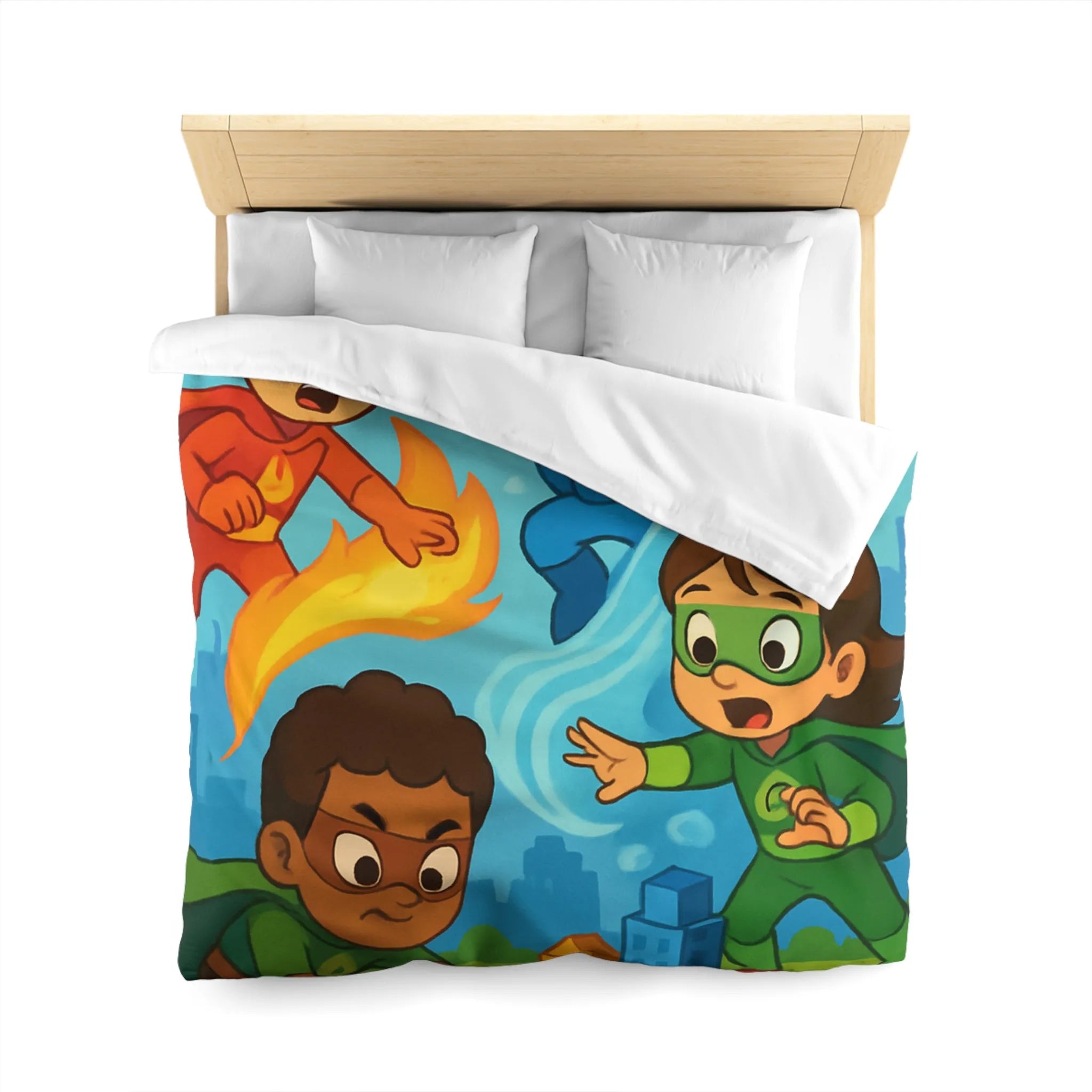 Housse de couette enfant avec super-héros colorés en action dans une ville imaginaire