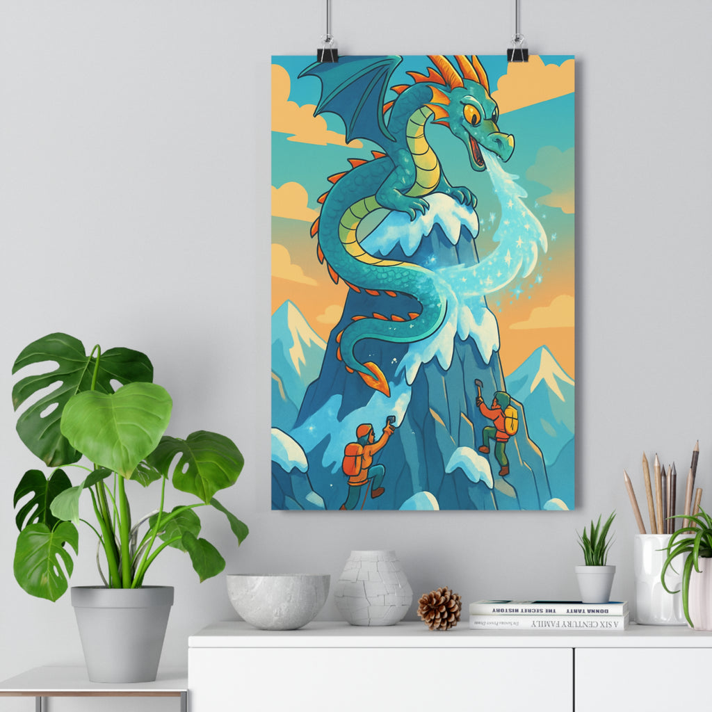 Poster décoratif fantastique dragon bleu vert montagne épique aventure chambre salon nature unique majestueux