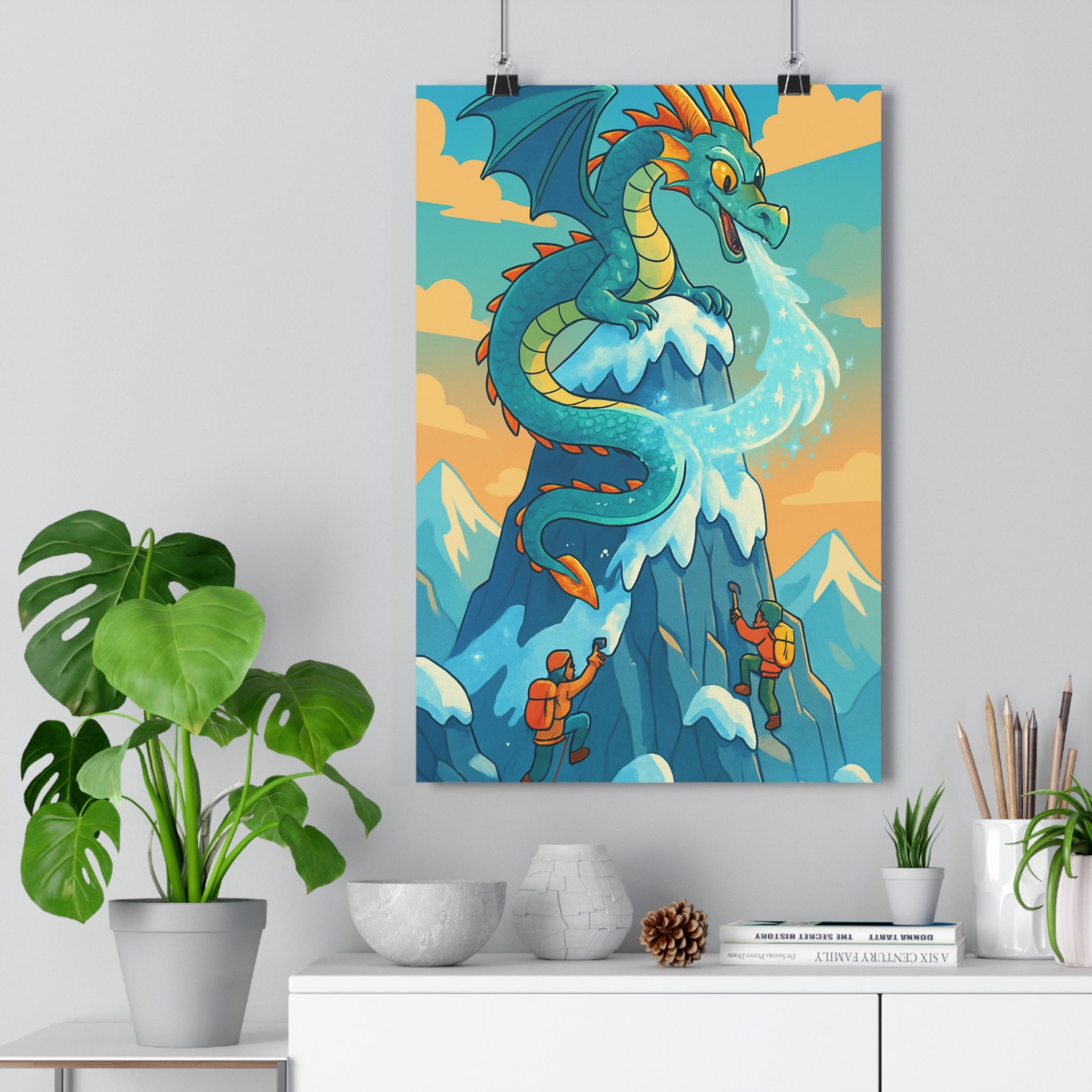 Poster décoratif fantastique dragon bleu vert montagne épique aventure chambre salon nature unique majestueux