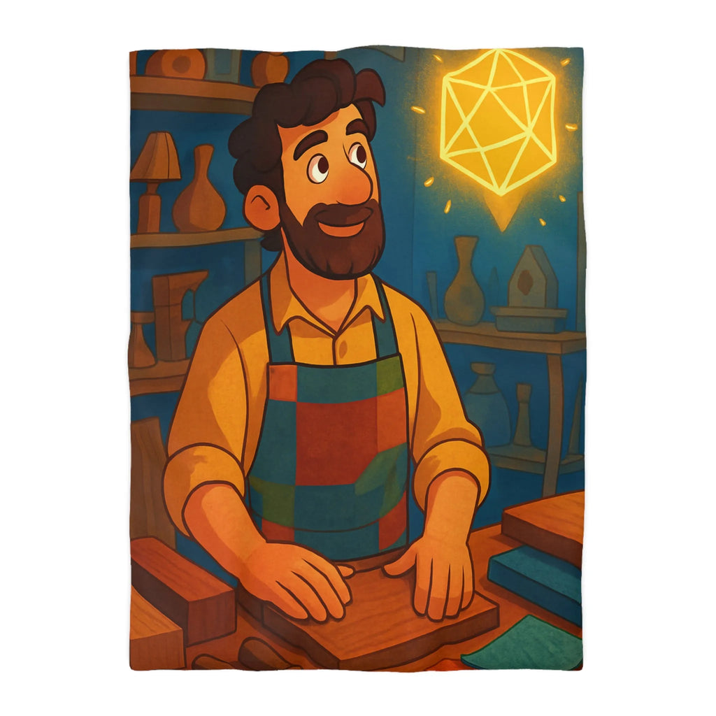 Artisan souriant dans atelier vibrant avec formes géométriques lumineuses pour belle décoration