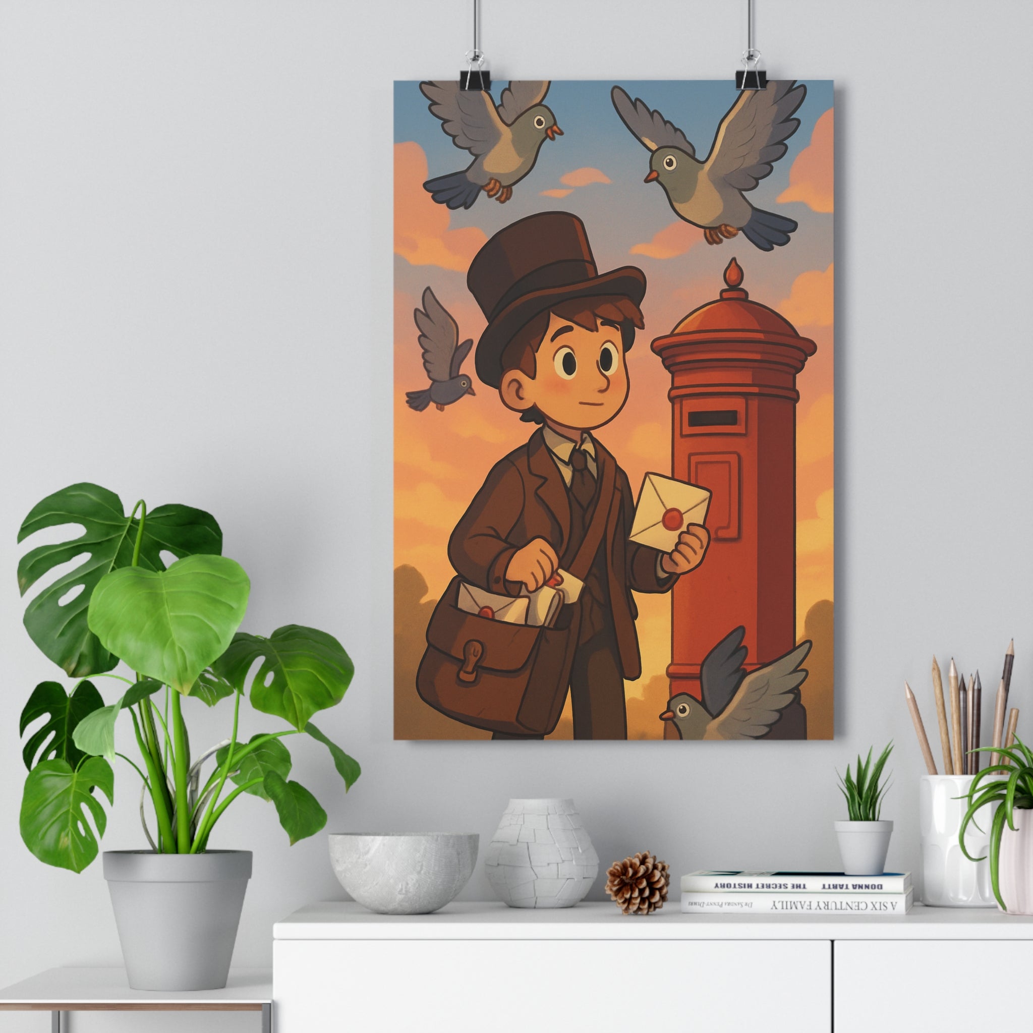 Poster décoratif victorien pastel nostalgique charmant salon chambre doux cartoon élégant pigeons tendance atmosphère