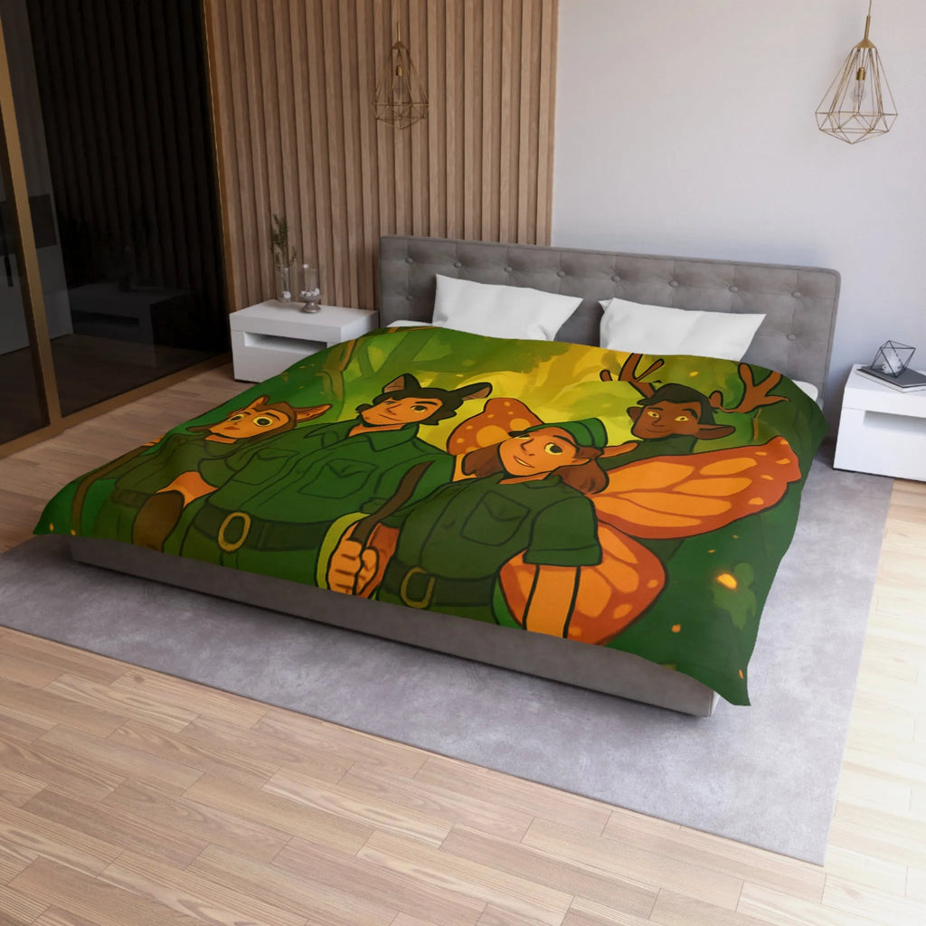 Housse de couette féerique avec gardiens de forêt, animaux magiques, ambiance verte et lumineuse