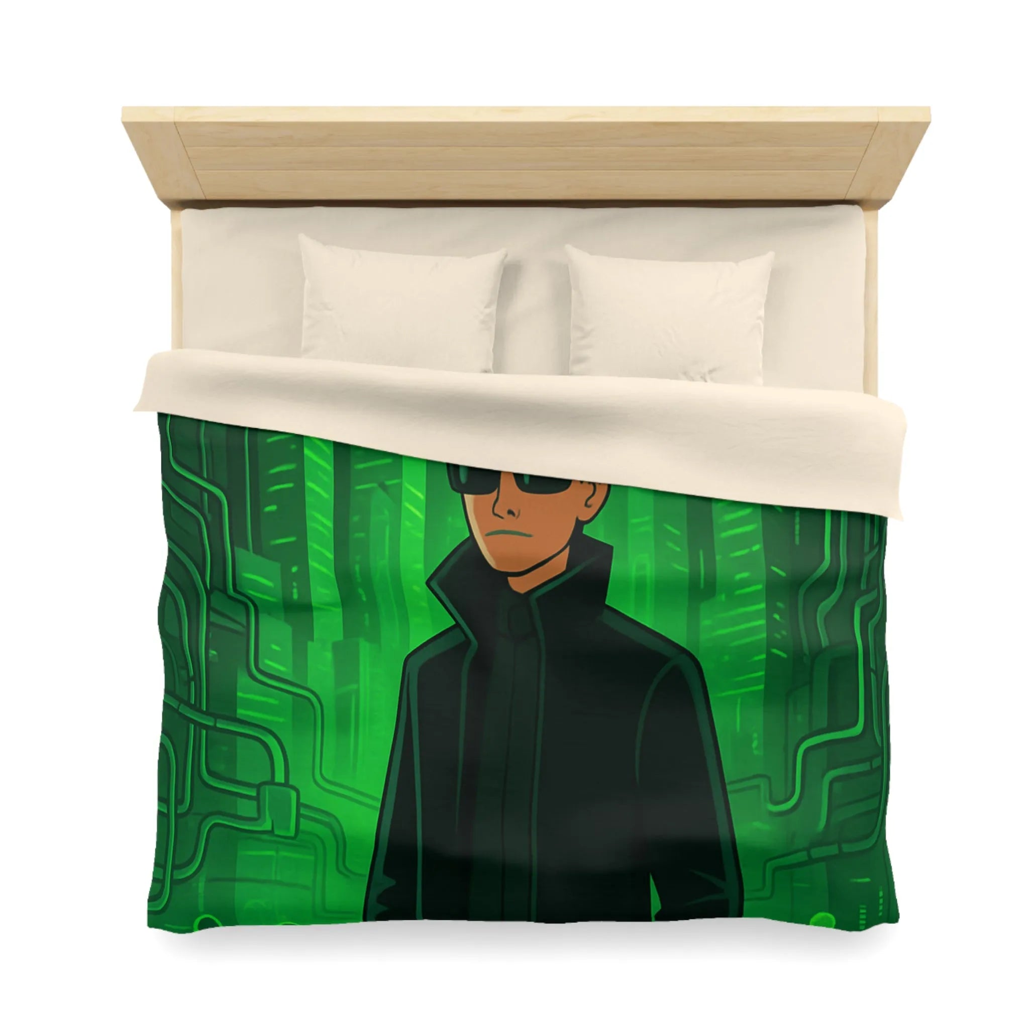 Housse de couette design futuriste vert avec motif personnage et ville numérique