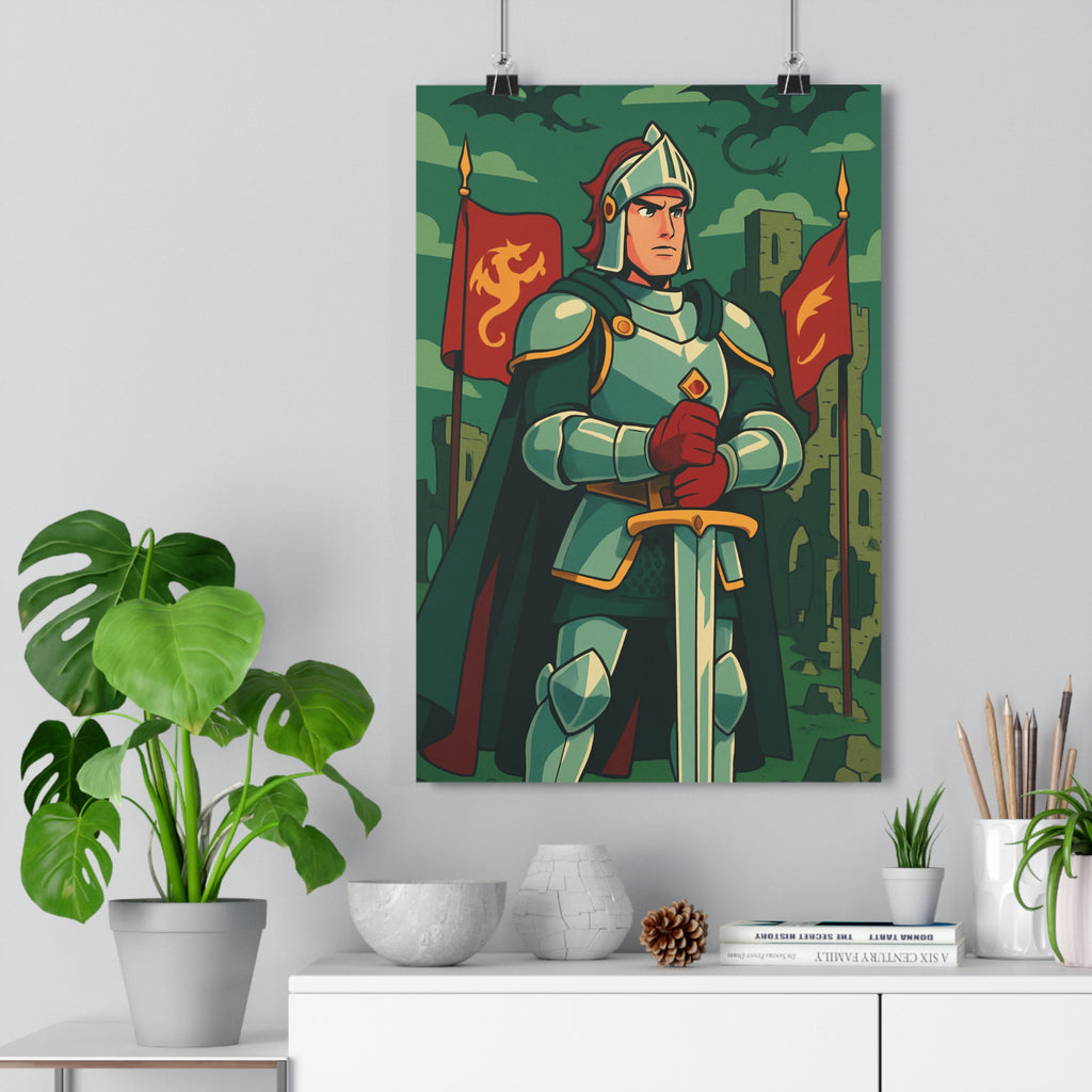 Poster décoratif chevalier armure rouge vert dragon aventure chambre enfant épée ambiance ancienne ruines