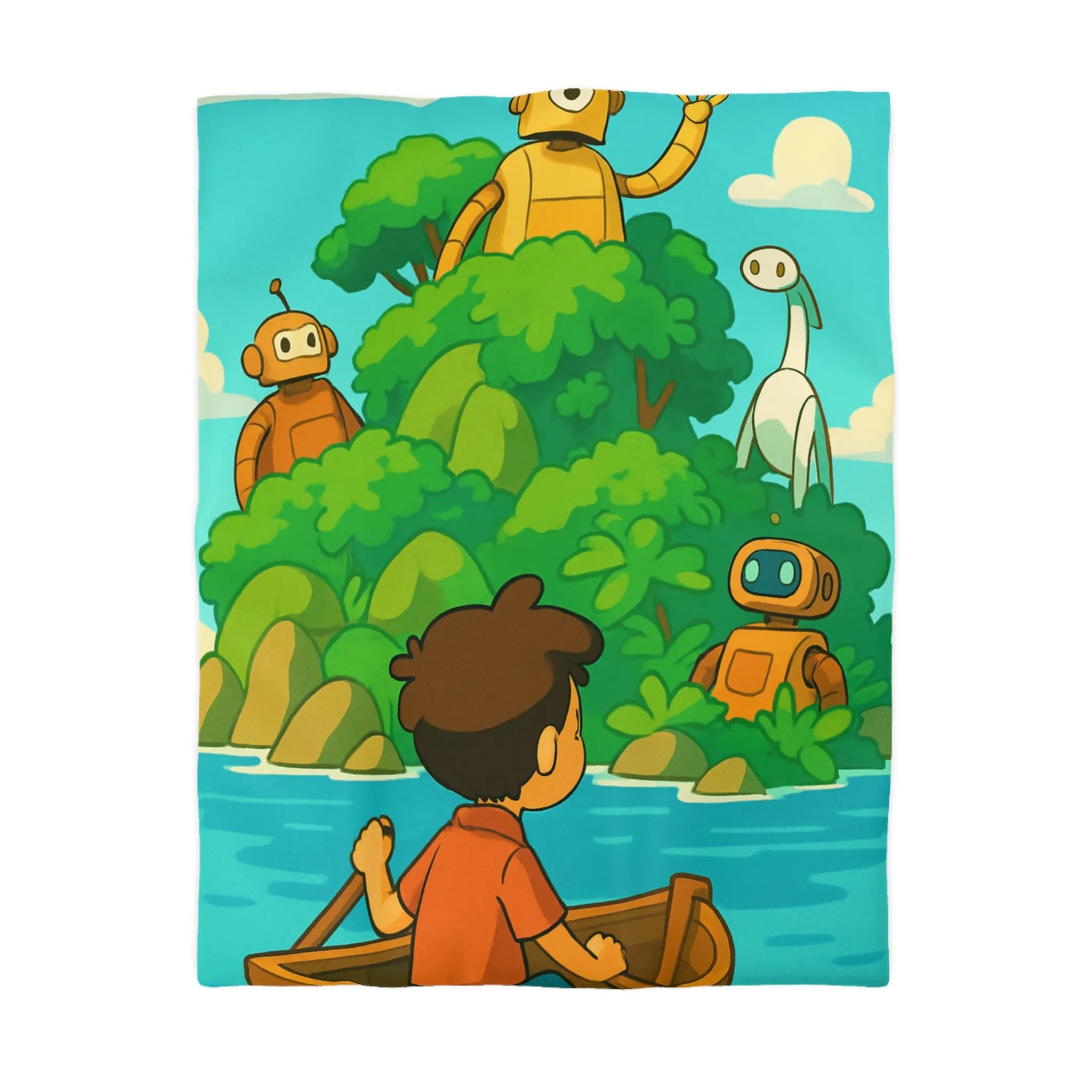 Housse de couette avec robots ludiques et enfant en bateau sur lac serein