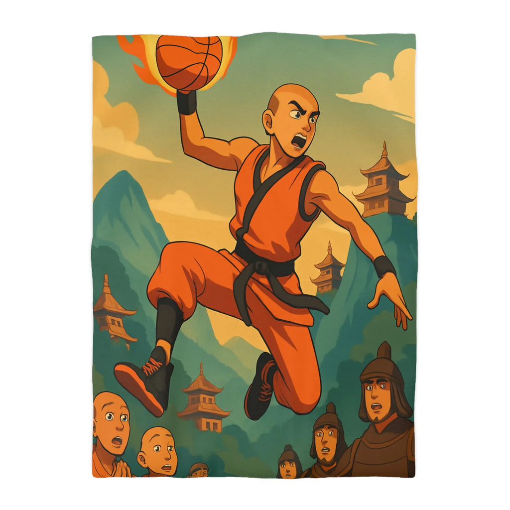 Housse de Couette Art Martial Moine avec Ballon de Basket en Feu Paysage Montagneux