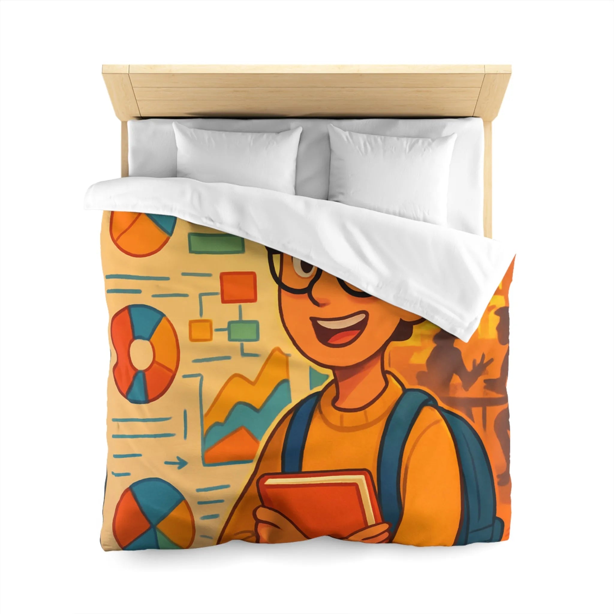 Housse de couette avec motif graphique coloré et personnage étudiant portant lunettes