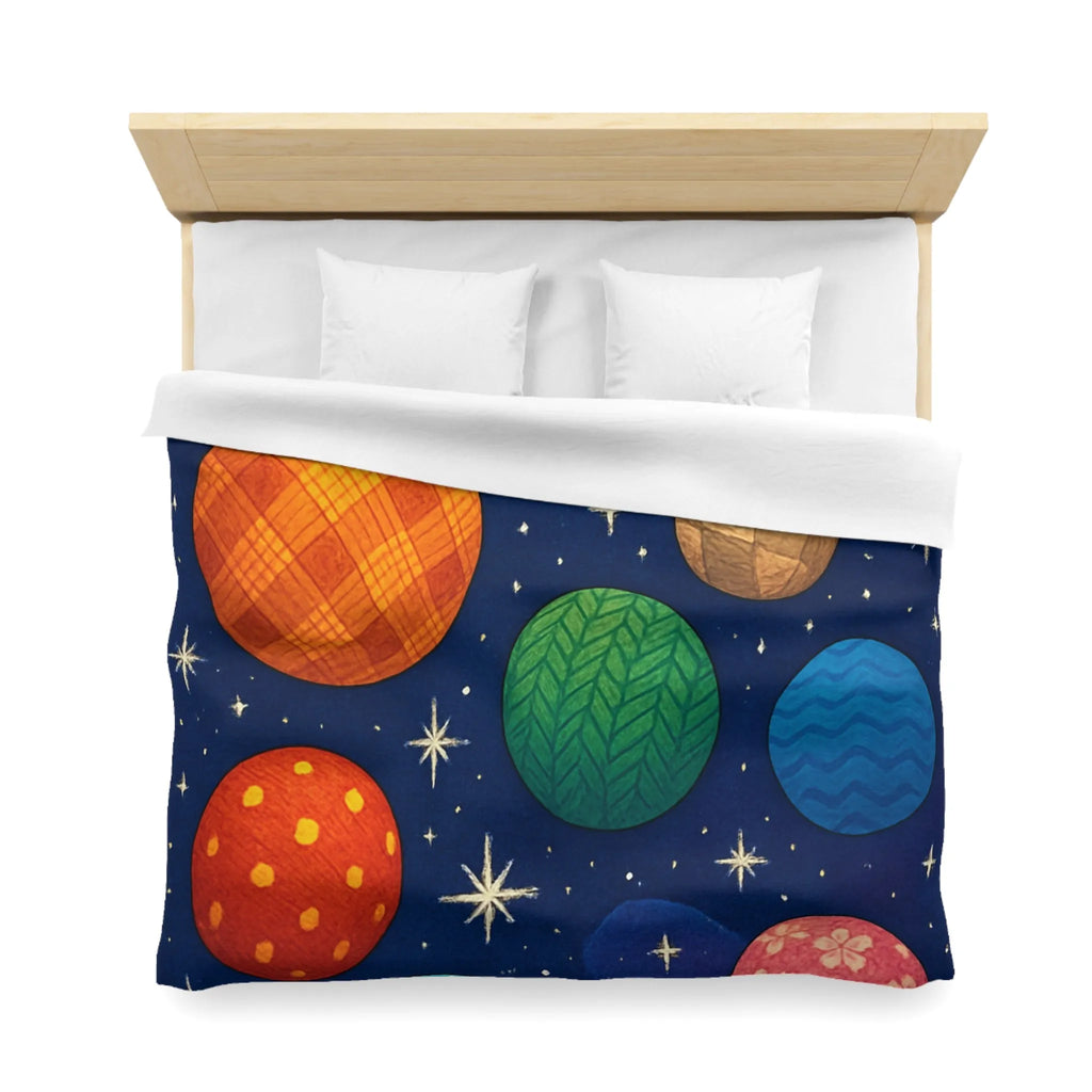 Housse de couette colorée avec planètes texturées, étoiles brillantes et nébuleuse mystique