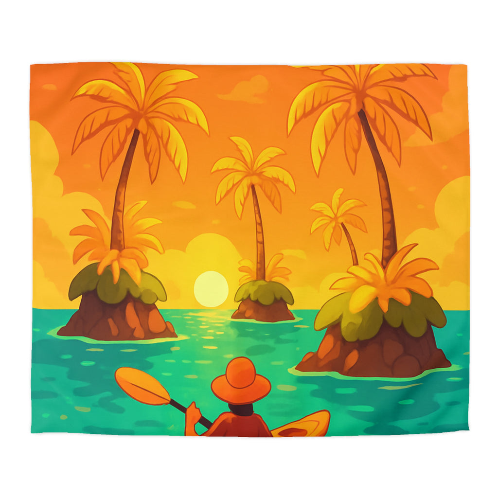 Housse de couette tropicale vibrante avec kayak, palmiers et perroquets au coucher de soleil