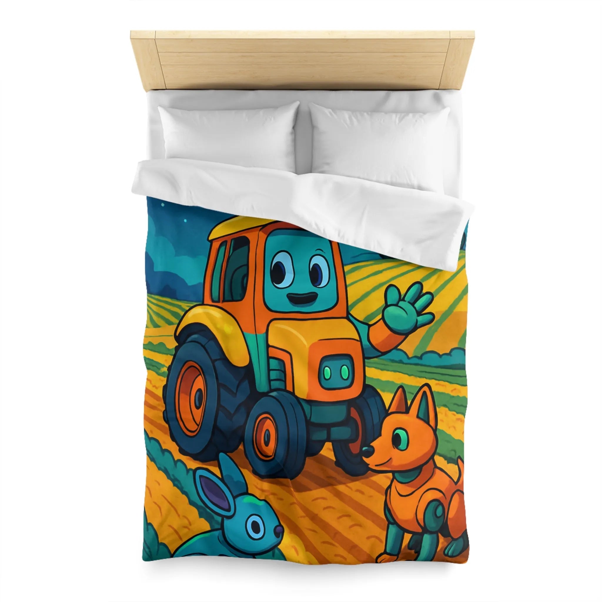 Housse de couette colorée avec tracteur joyeux, robots animaux et scène de ferme nocturne