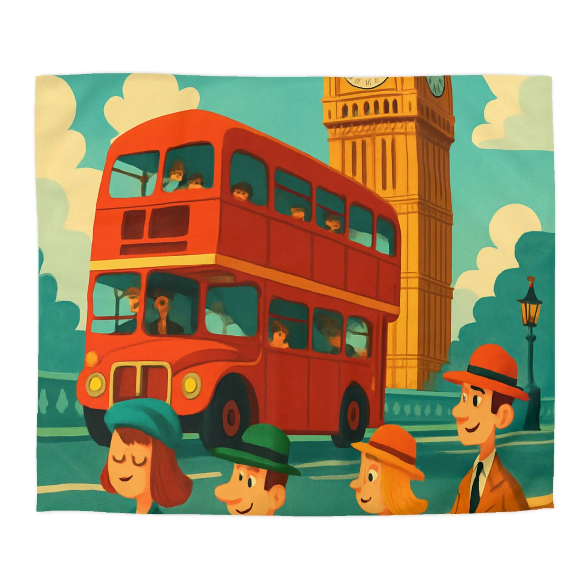 Housse de couette colorée vintage avec bus à impériale et Big Ben rétro