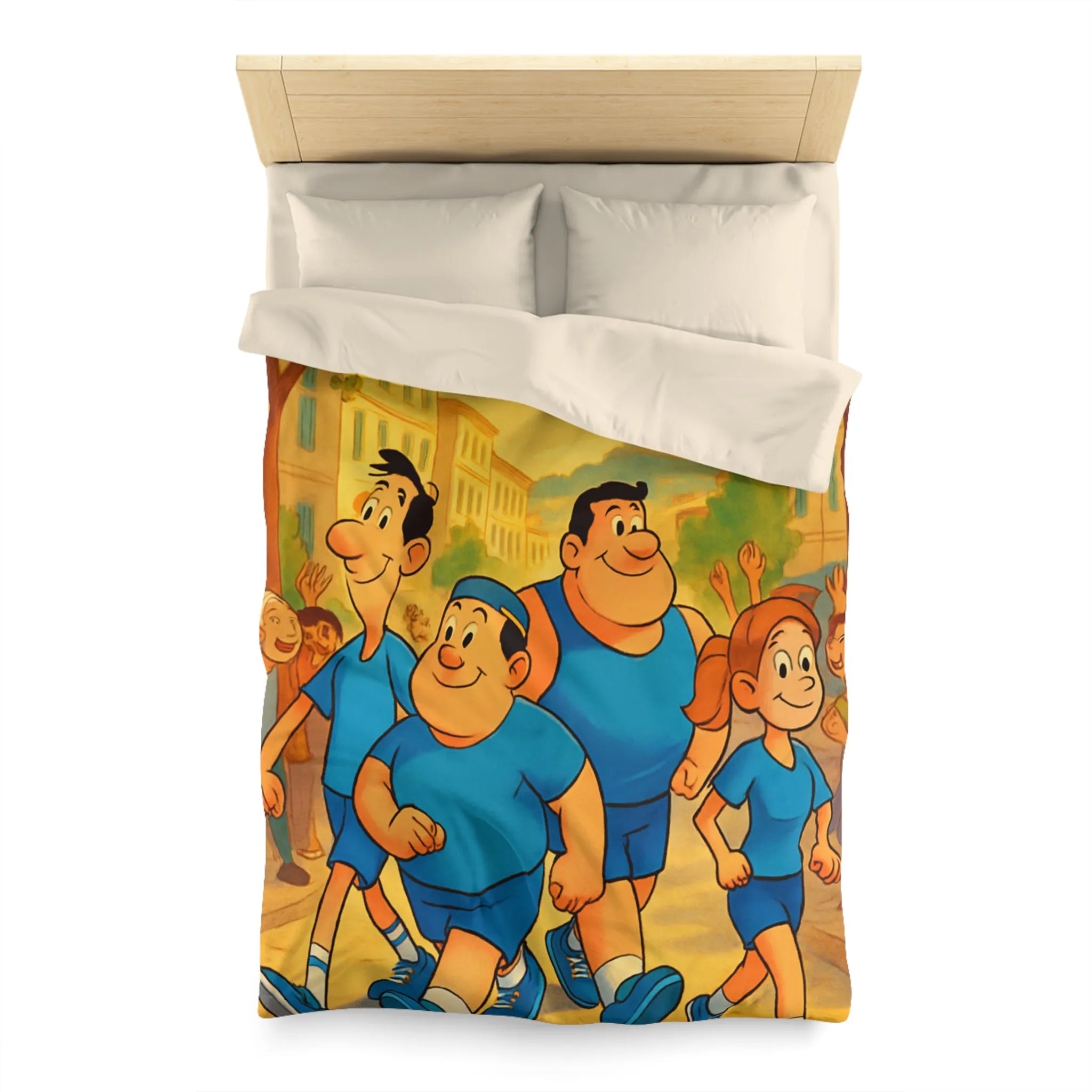Housse de couette colorée avec personnages marchant joyeusement dans une rue animée