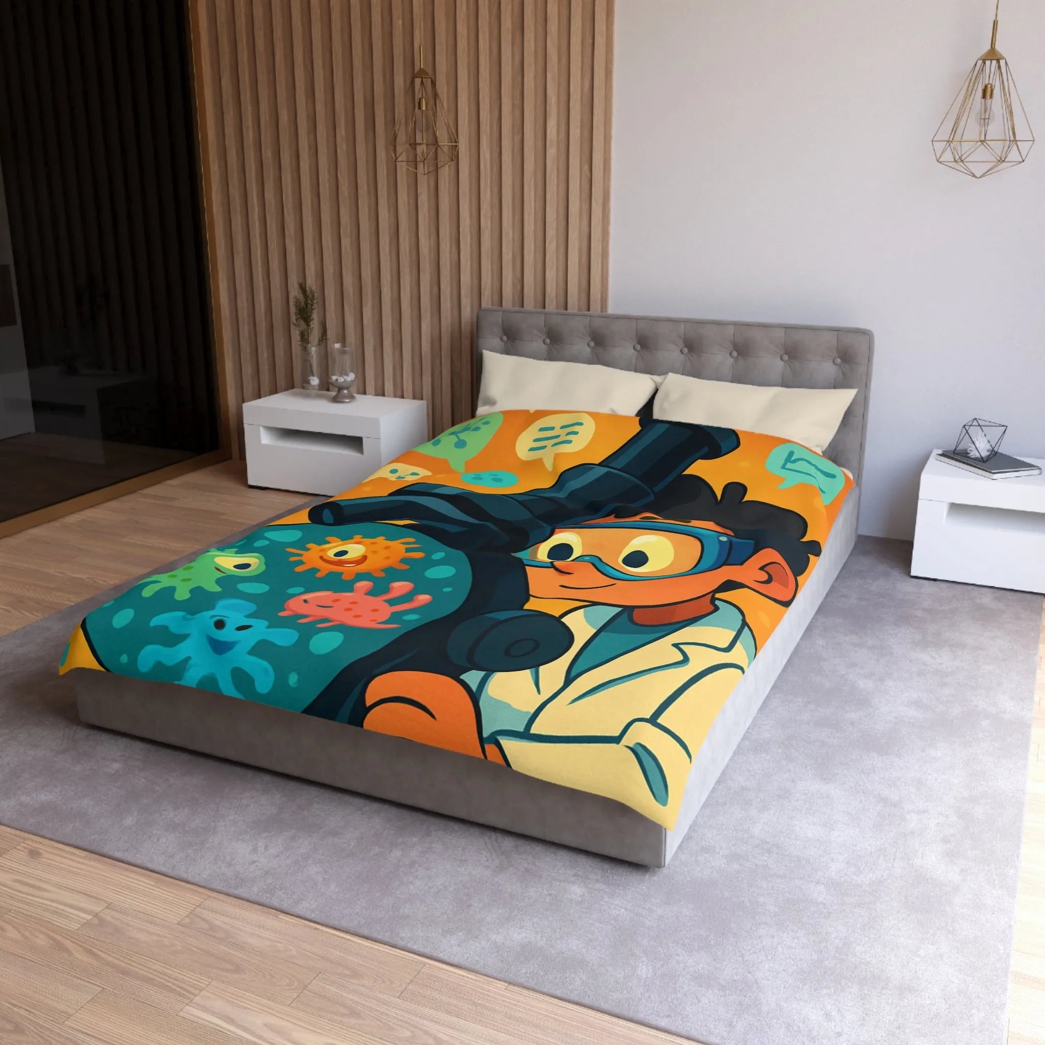 Housse de couette colorée avec jeunes scientifiques et microscope amusant pour enfants