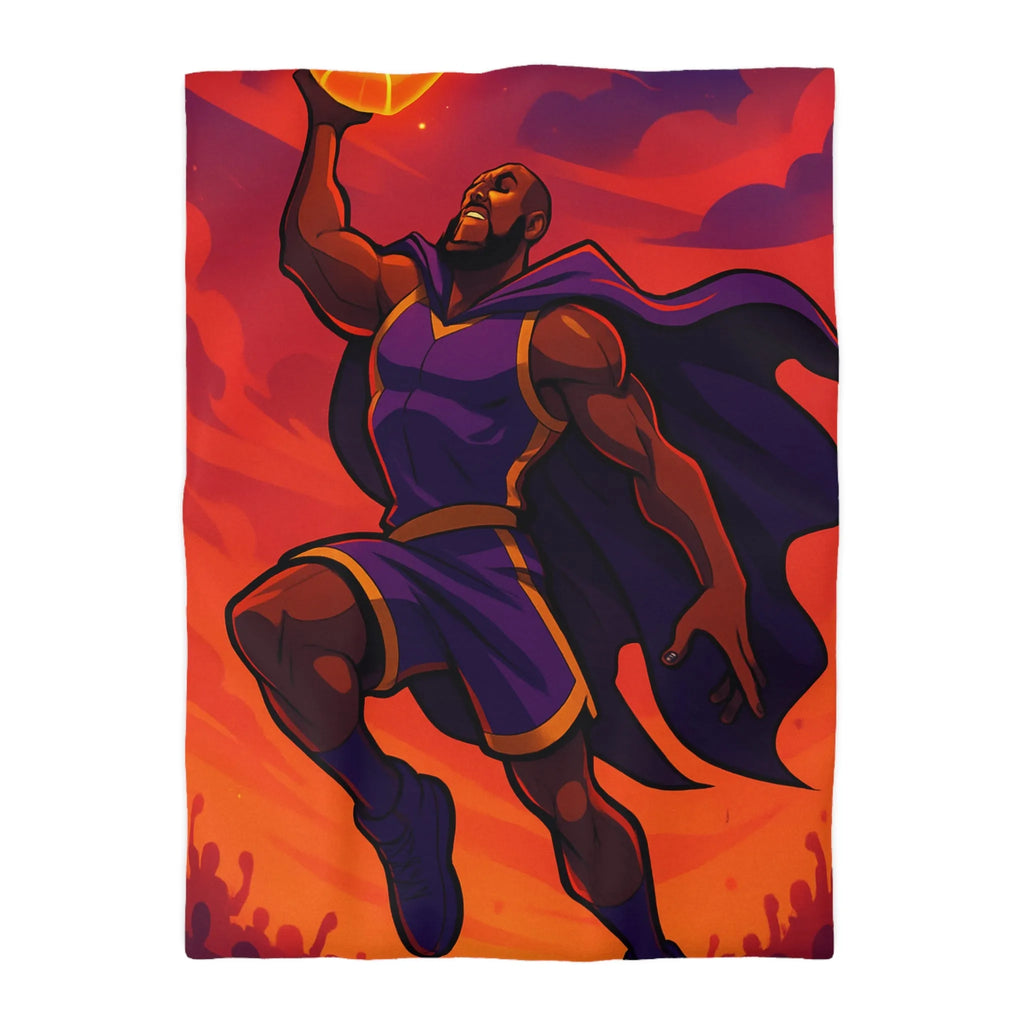 Housse de couette homme volant avec cape et ballon lumineux sur fond orange