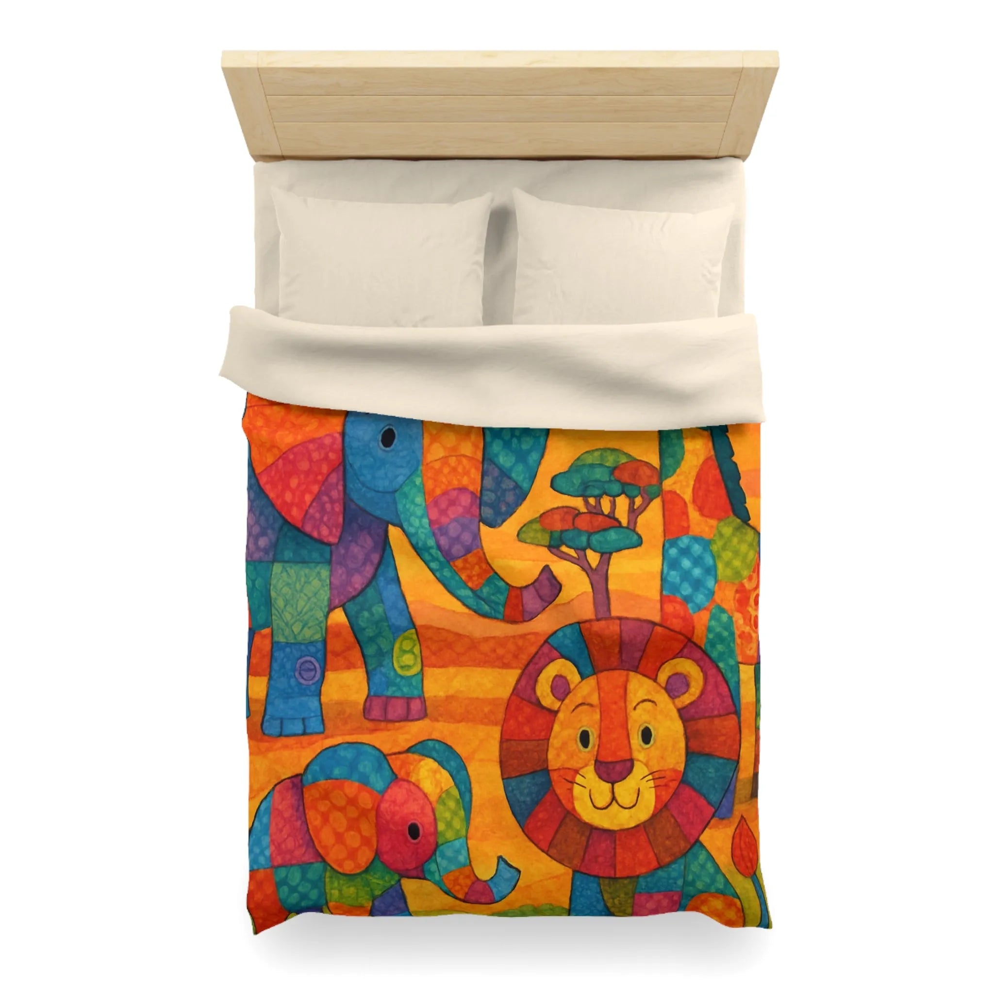 Housse de couette colorée avec éléphants, girafe et lion en style patchwork