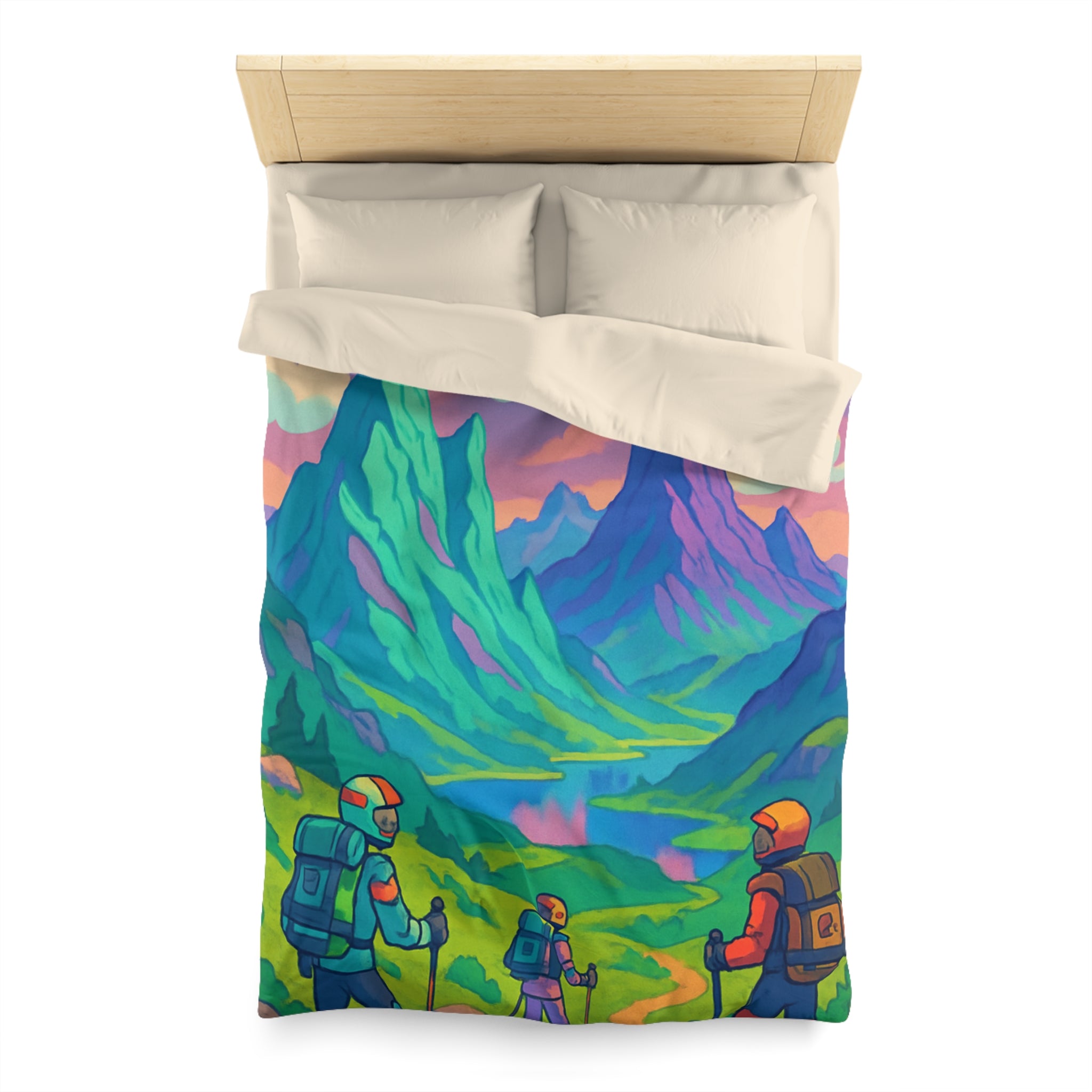 Housse de Couette Unique Montagne Randonneurs Fantaisie Animaux Nuages Enchantée Colorée