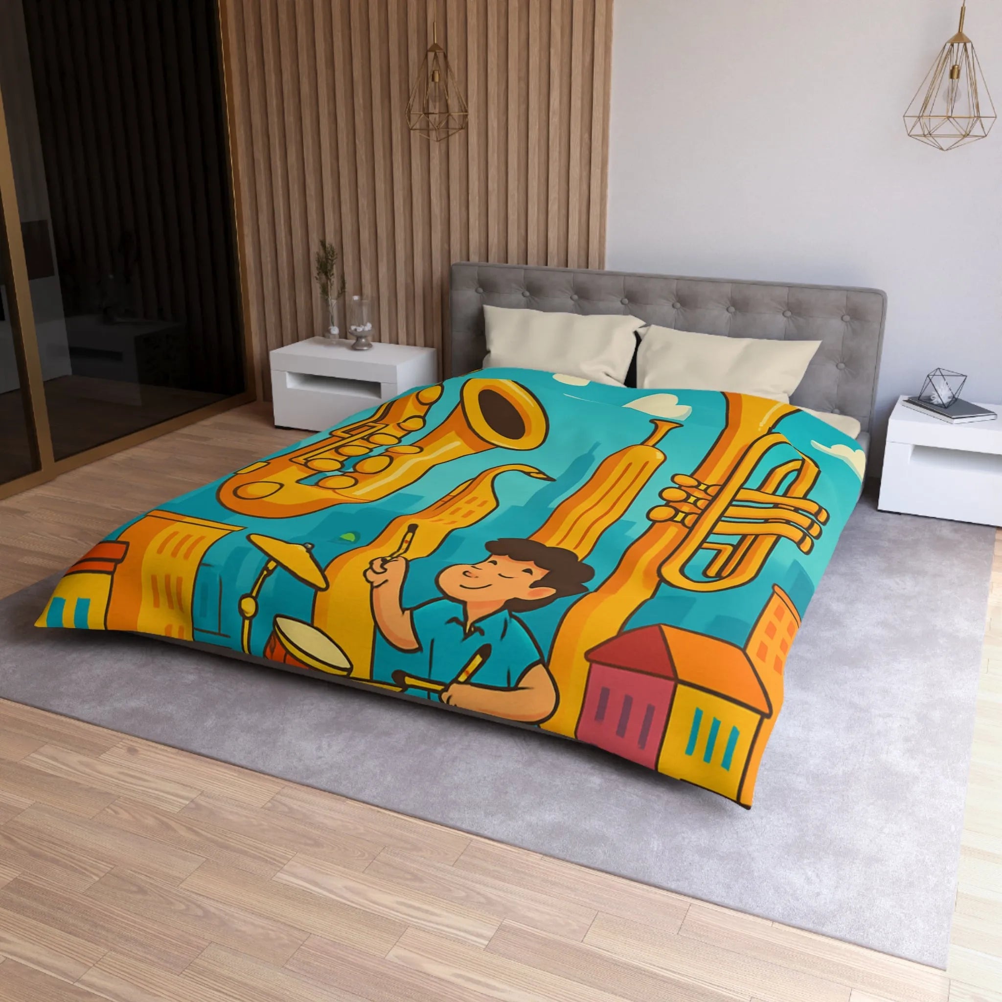 Housse de Couette Colorée avec Motif Musical pour Enfants Amoureux de Jazz en Ville