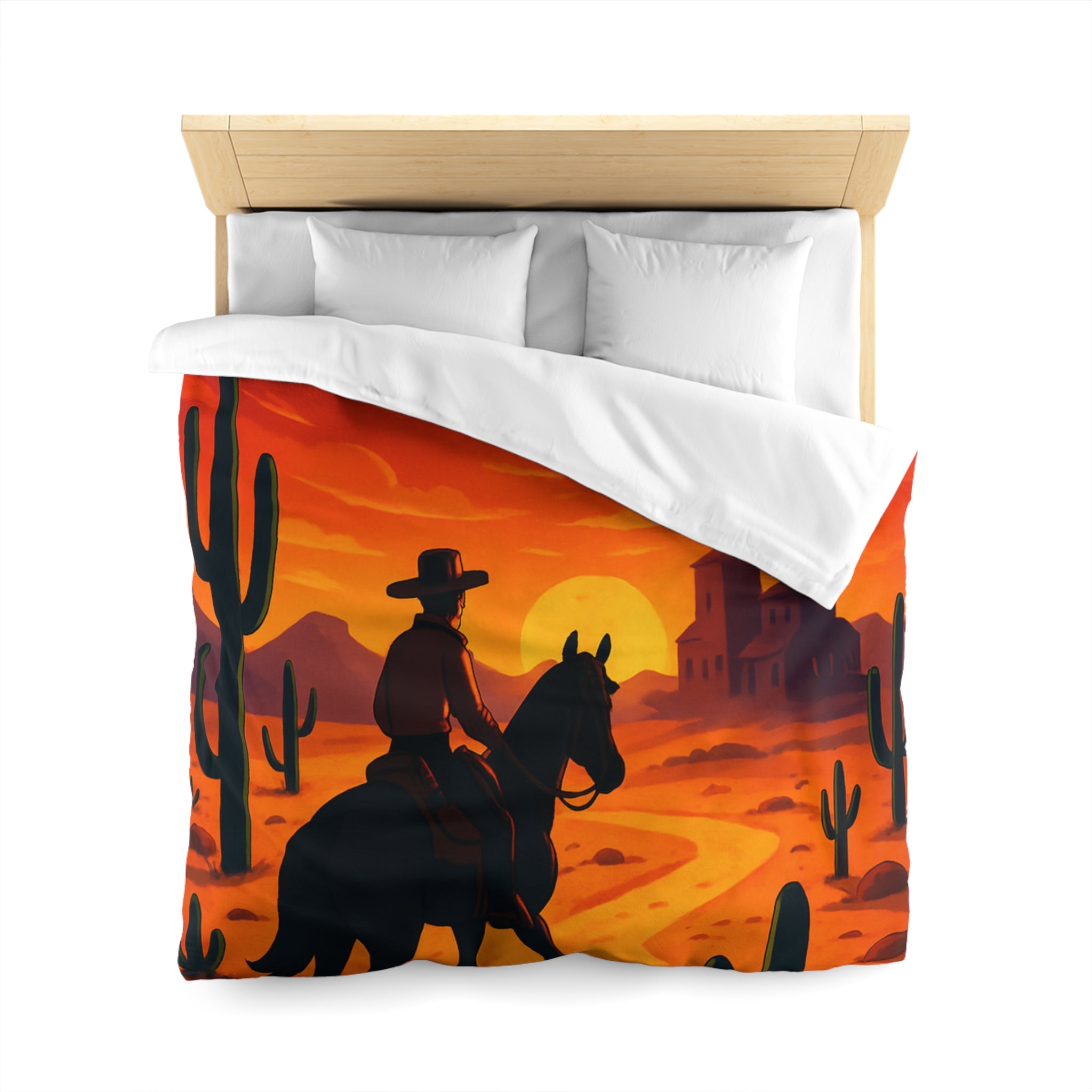 Housse de Couette Stylée Désert Crépusculaire avec Cowboy et Cactus Silhouettes