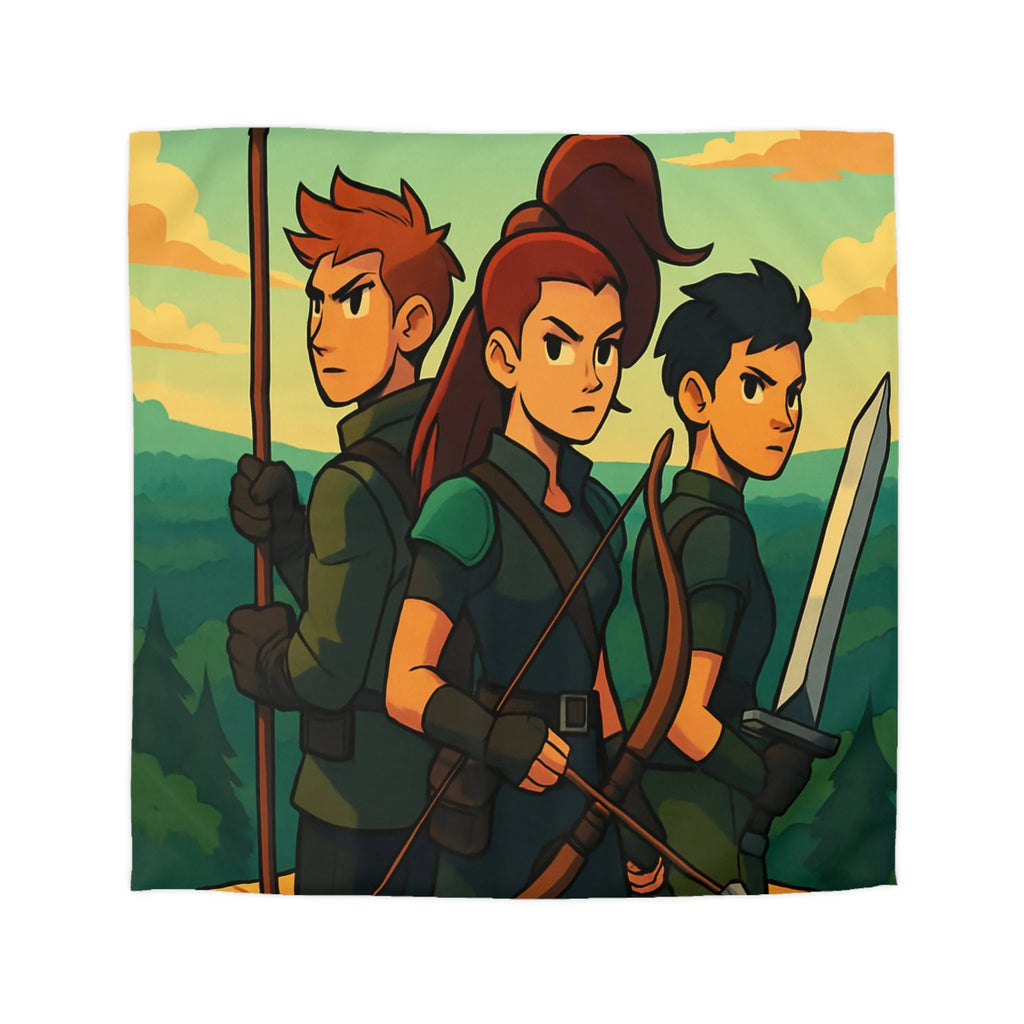 Housse de couette illustrée trois héros médiévaux arc épée forêt château aube