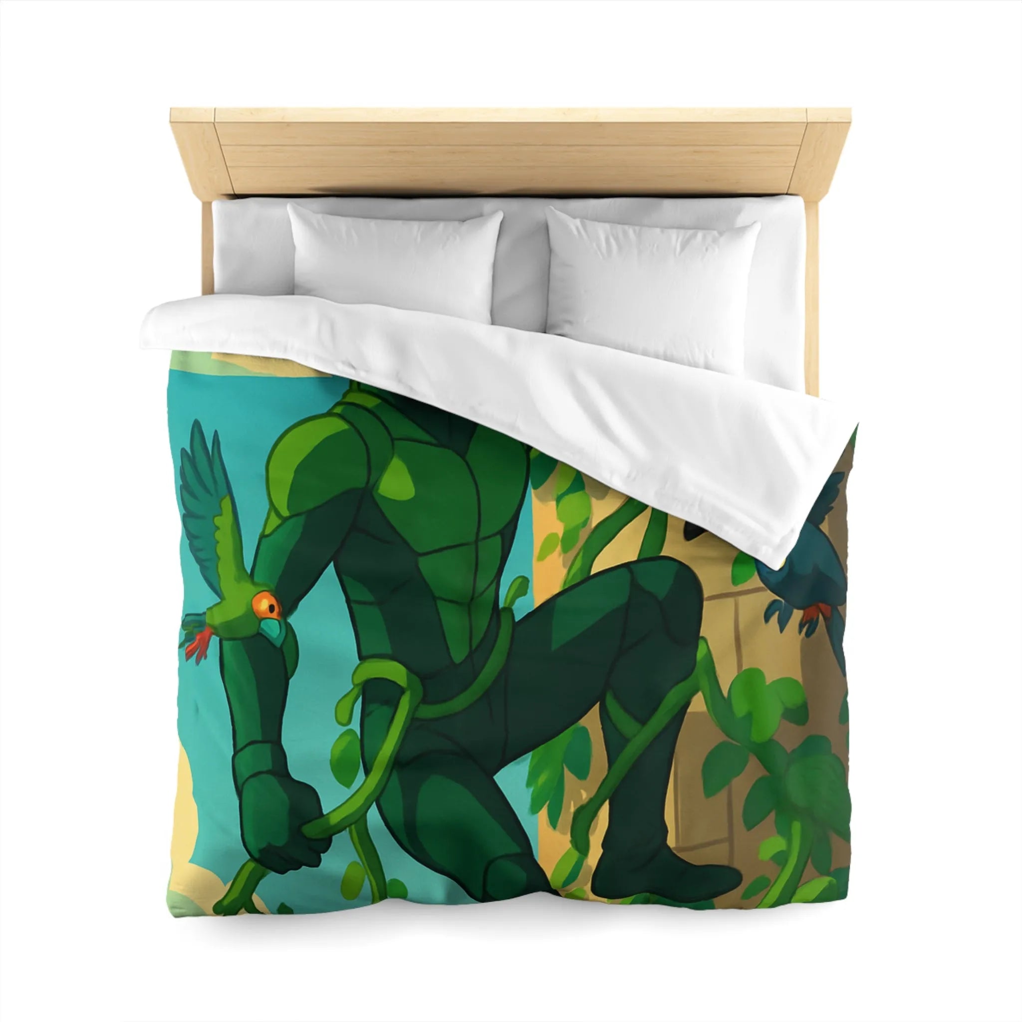 Housse de couette jungle animée avec héros vert grimpant et oiseaux colorés