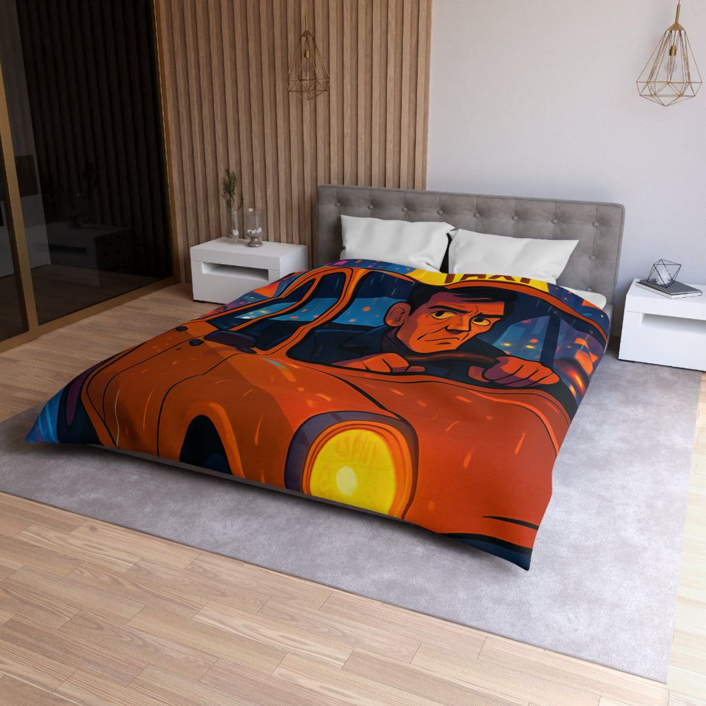 Illustration Nocturne Métropole avec Chauffeur de Taxi sous Pluie pour Housse de Couette