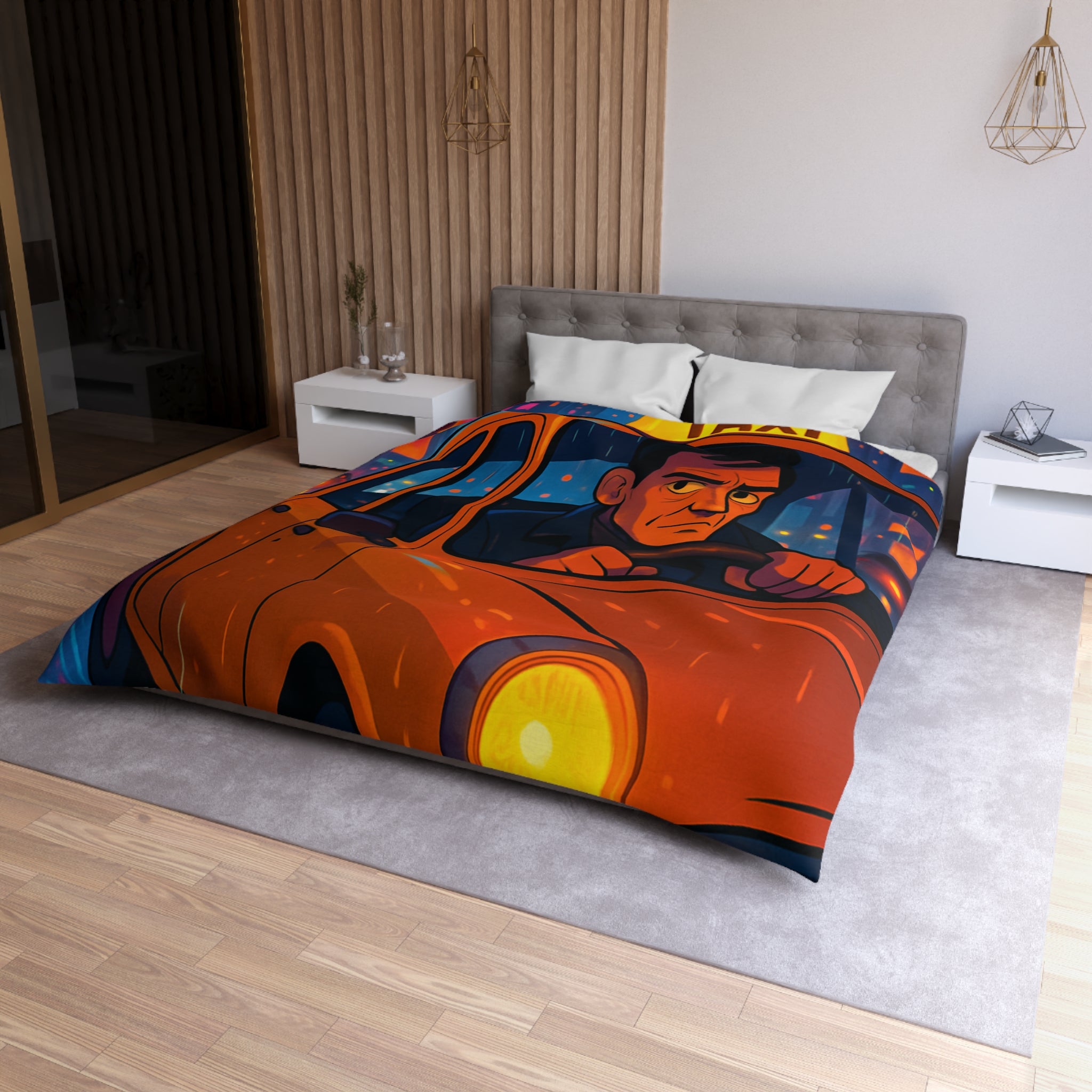 Illustration Nocturne Métropole avec Chauffeur de Taxi sous Pluie pour Housse de Couette