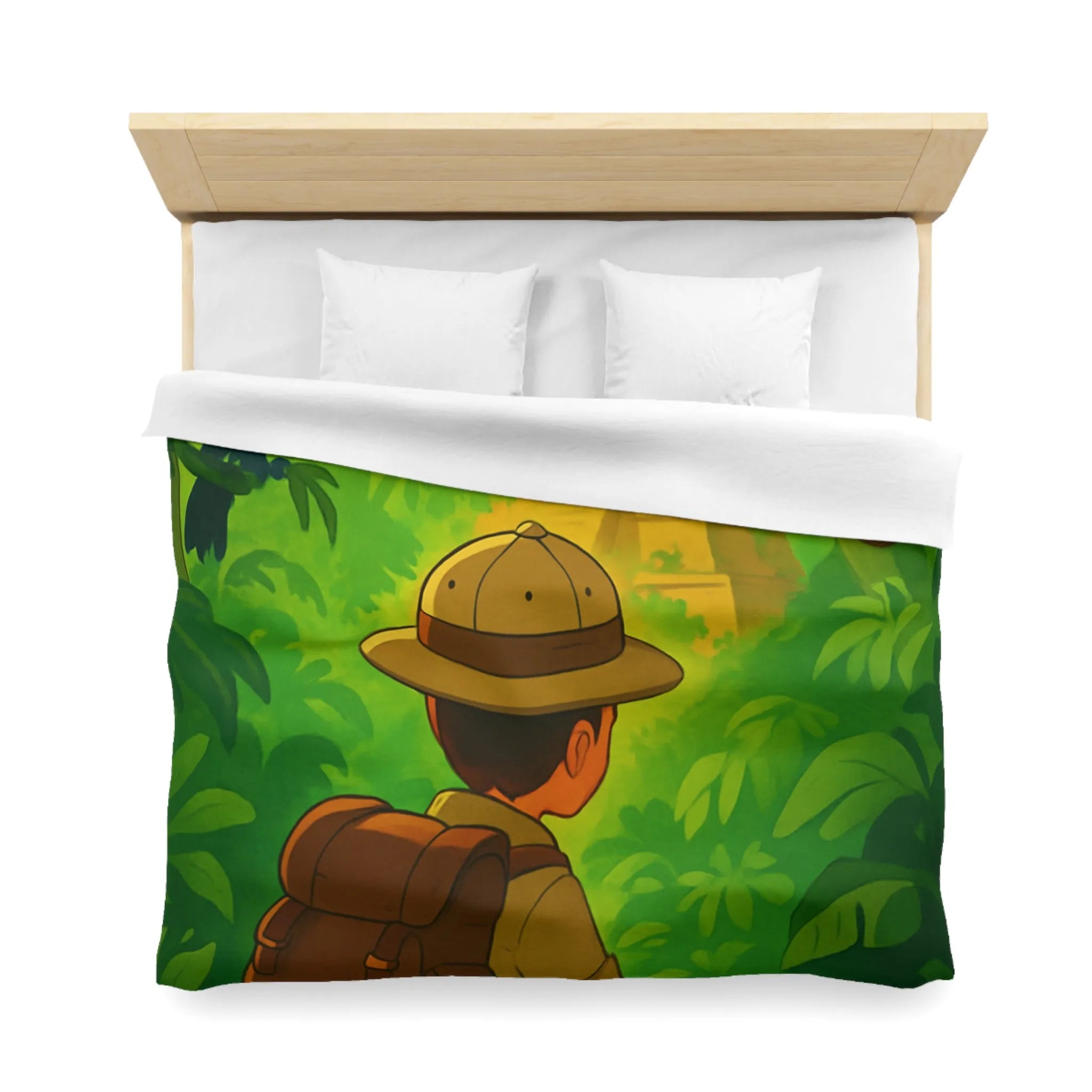 Housse de couette jungle avec aventurier, singe et toucan, ambiance explorateur