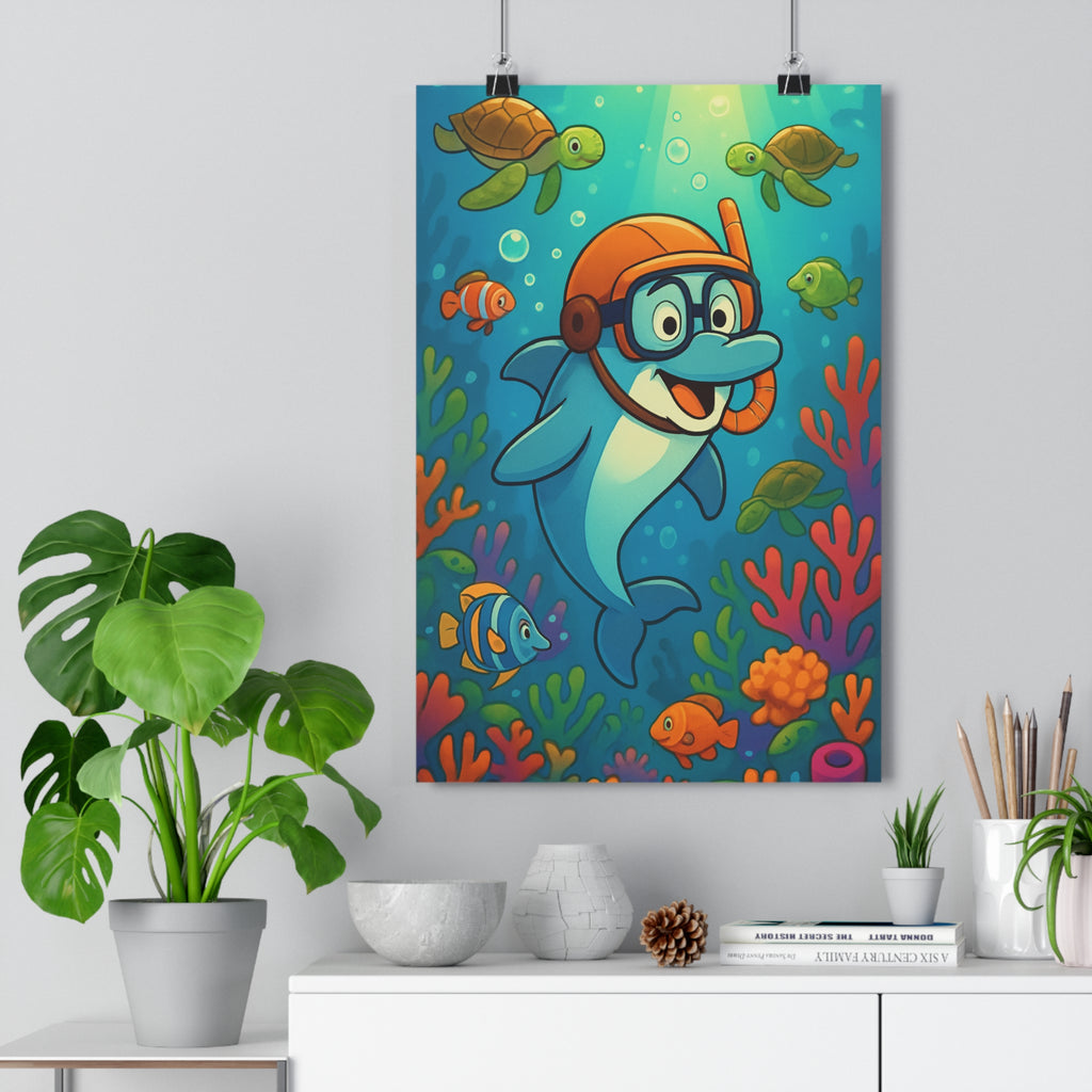 Poster décoratif anime dauphin corail couleurs vives joyeux chambre enfant océan sousmarin tortue poissons