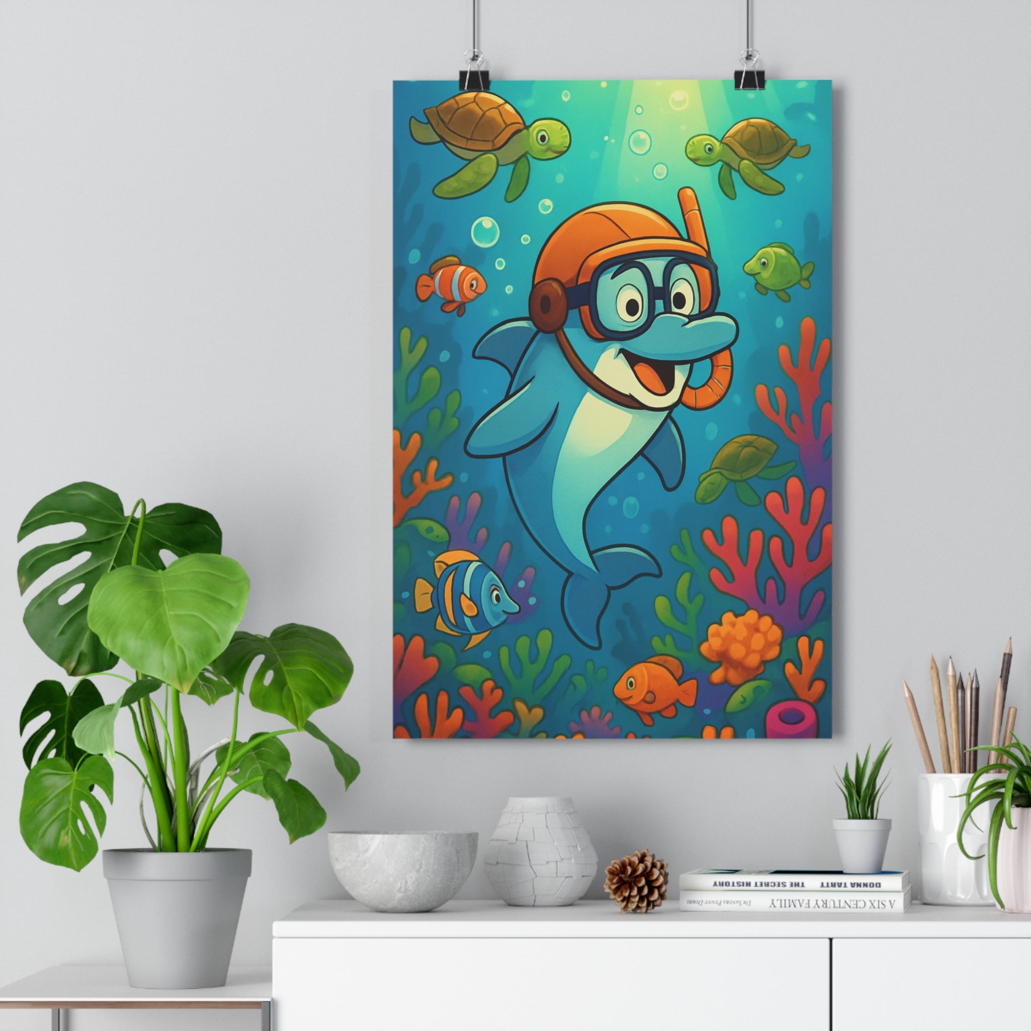 Poster décoratif anime dauphin corail couleurs vives joyeux chambre enfant océan sousmarin tortue poissons