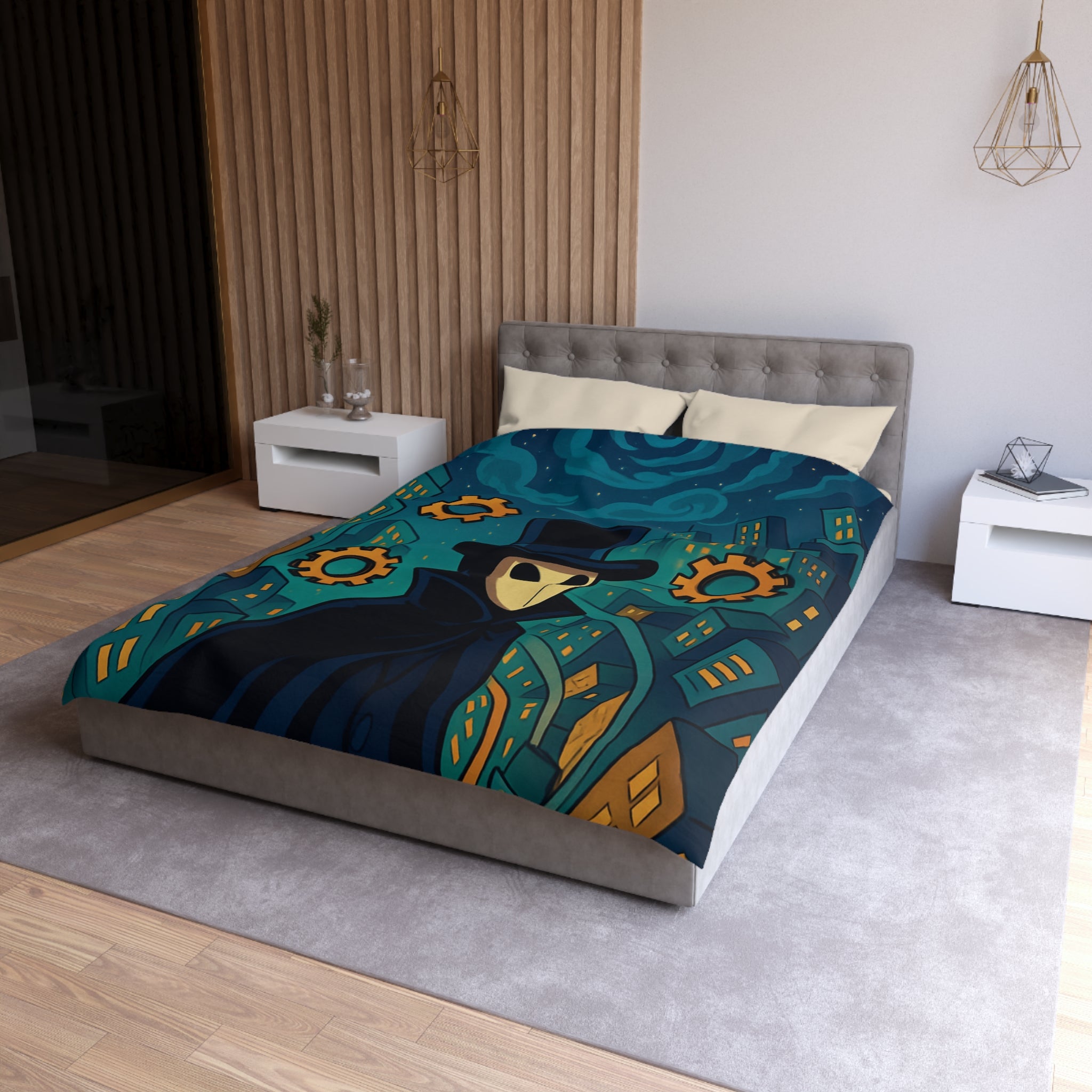 Housse de couette mystérieuse avec personnage masqué, engrenages dorés et ville nocturne