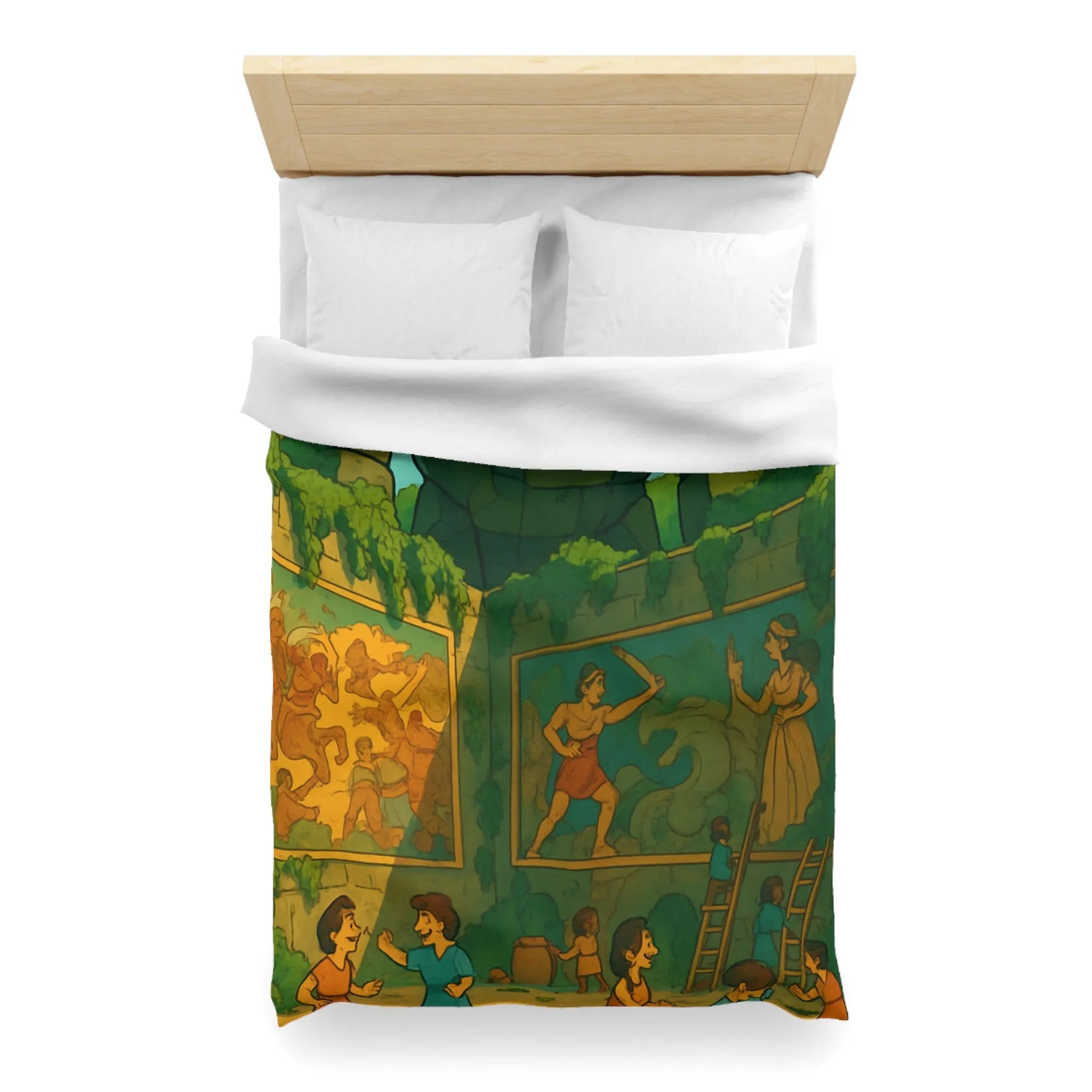 Enchantante parure de lit jardin fantastique avec golem géant et enfants joueurs colorés