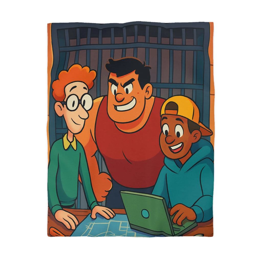 Housse de couette colorée avec plan et personnages animés souriants en arrière-plan