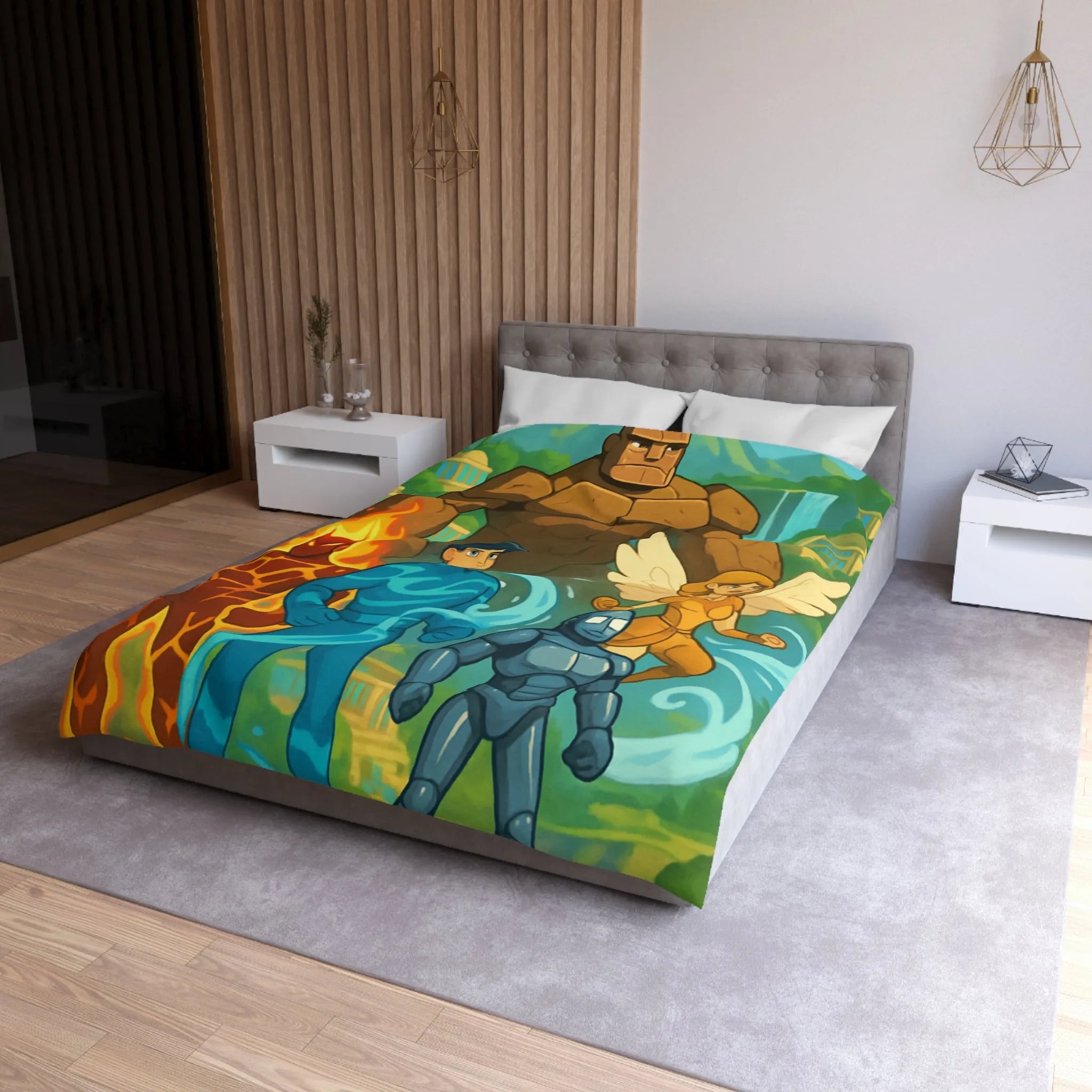 Housse de couette avec personnages héroïques et paysage fantastique inspirant enfant et adolescent