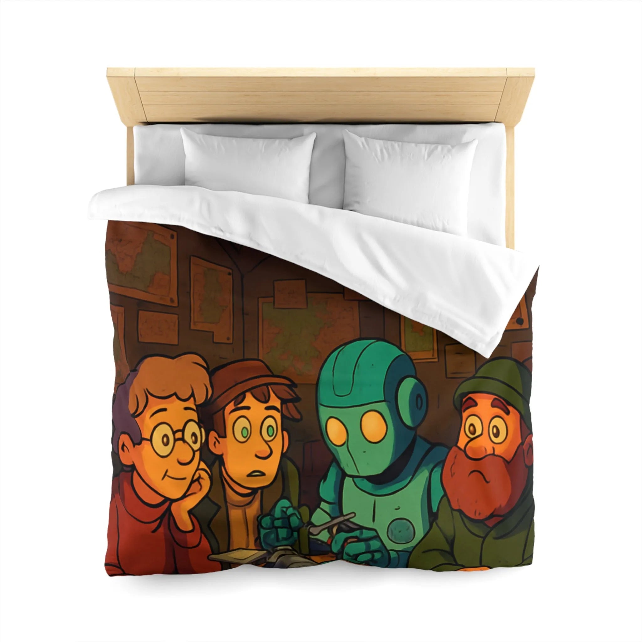 Housse de couette avec scène animée de nuit, stratégie autour de cartes et robot