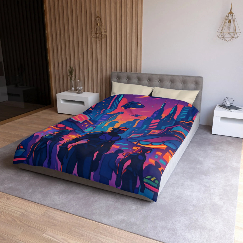 Housse de couette futuriste avec skyline néon et silhouettes urbaines nocturnes modernes