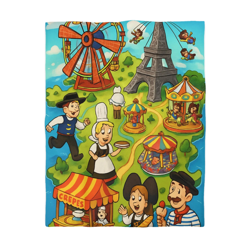 Housse de couette illustrant l'amusement et la culture française dans un parc coloré