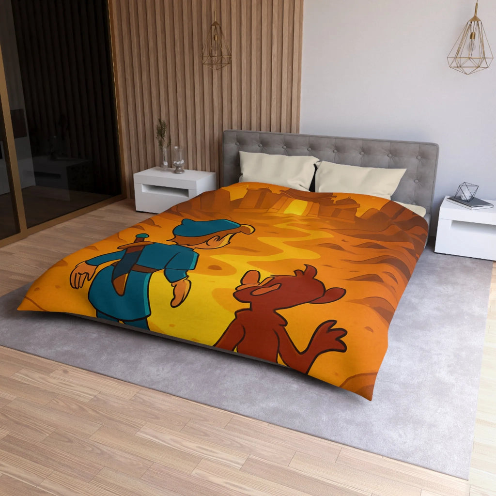 Housse de Couette Aventure Épique Enfantine avec Enfant et Singe dans Désert Mystique